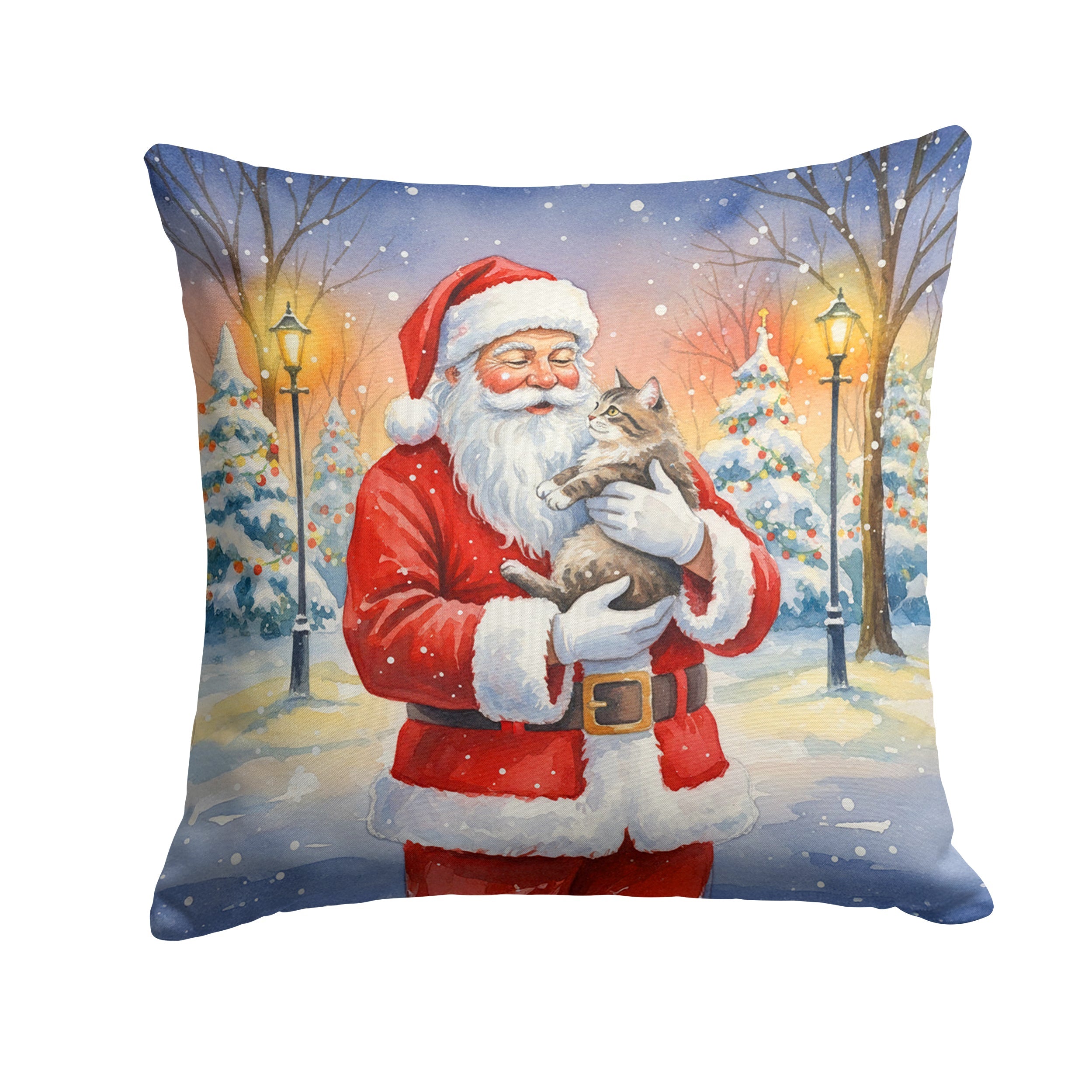 American Shorthair Cat with Santa Claus Decorative Throw Pillow 18x18 Indoor Outdoor Accent Cushion, Fabric Cover with Insert for Sofa, Bed, Porch & Living Room