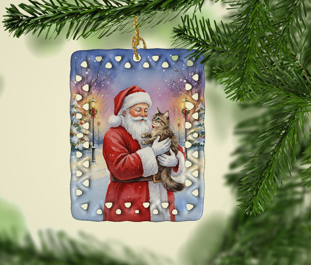 American Wirehair Cat with Santa Claus Porcelain Ornament Christmas Tree Hanging Decorations for Home Christmas Holiday, Rectangle, Gift, Multicolor