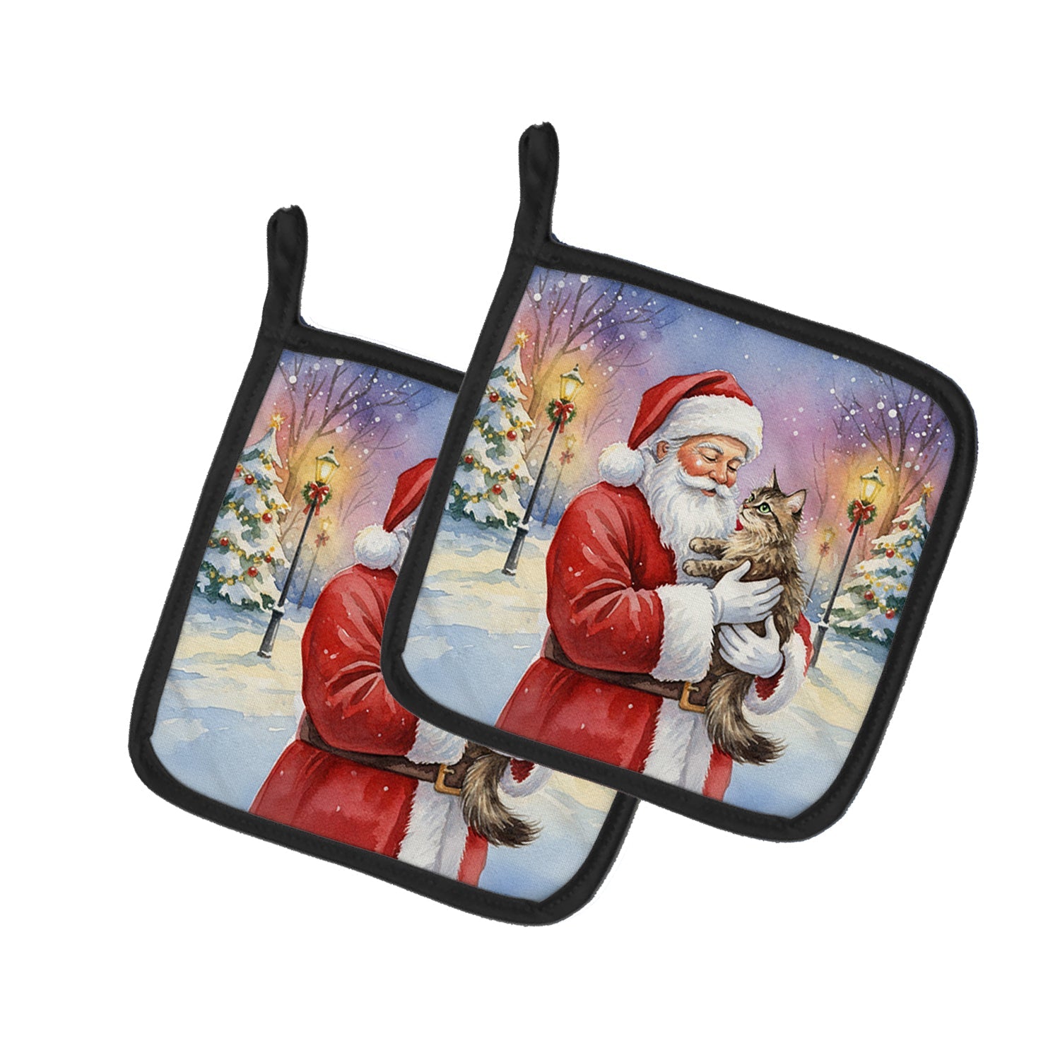 American Wirehair Cat with Santa Claus Pot Holder Set of 2 Heat Resistant Quilted Hot Pads 7.5 x 7.5 Inch, Insulated Kitchen Trivets for Cooking & Baking