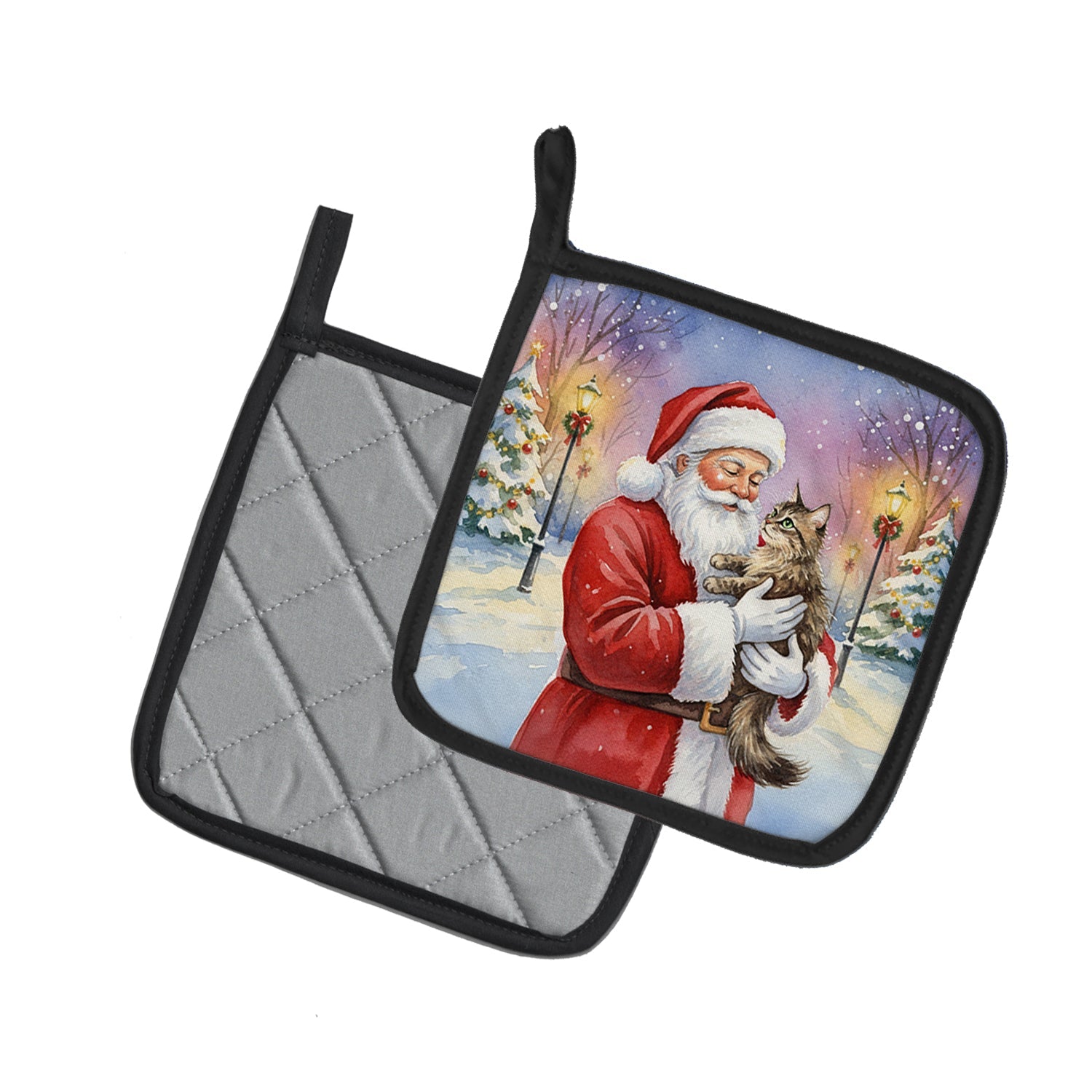 American Wirehair Cat with Santa Claus Pot Holder Set of 2 Heat Resistant Quilted Hot Pads 7.5 x 7.5 Inch, Insulated Kitchen Trivets for Cooking & Baking