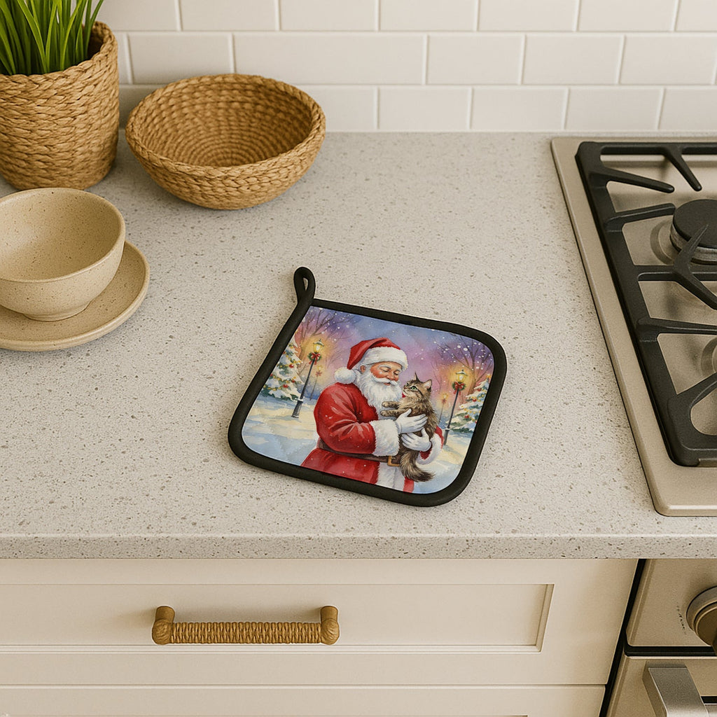 American Wirehair Cat with Santa Claus Pot Holder Set of 2 Heat Resistant Quilted Hot Pads 7.5 x 7.5 Inch, Insulated Kitchen Trivets for Cooking & Baking