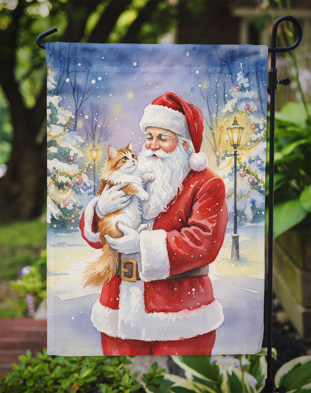 Asian Cat with Santa Claus Garden Flag Mailbox Decorative Yard Banner Outside Patio Artwork for Flower Beds, Garden Size, Multicolor