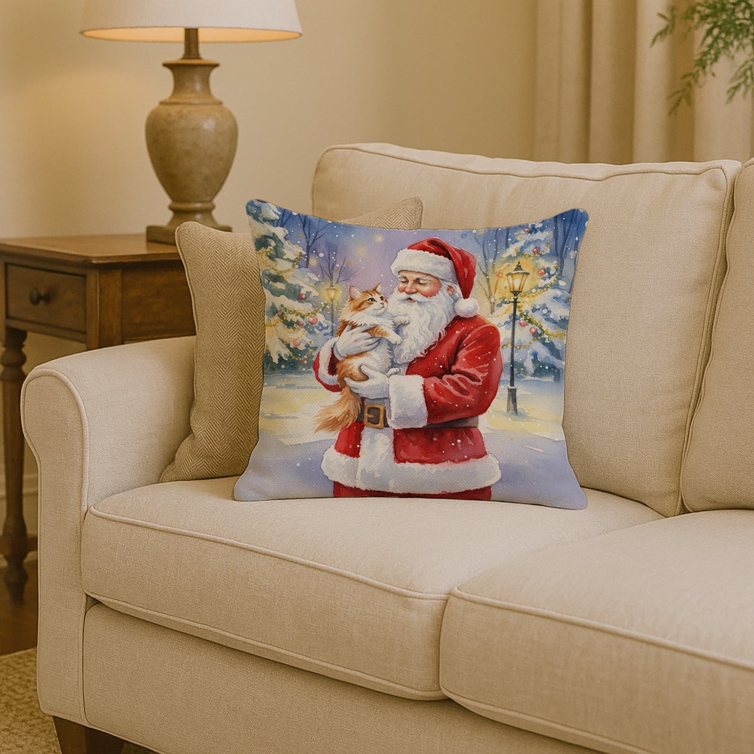Asian Cat with Santa Claus Decorative Throw Pillow 14x14 Indoor Outdoor Accent Cushion, Fabric Cover with Insert for Sofa, Bed, Porch & Living Room