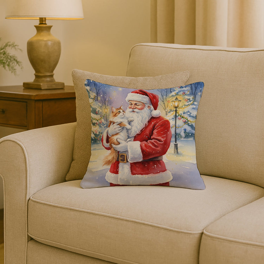 Asian Cat with Santa Claus Decorative Throw Pillow 18x18 Indoor Outdoor Accent Cushion, Fabric Cover with Insert for Sofa, Bed, Porch & Living Room