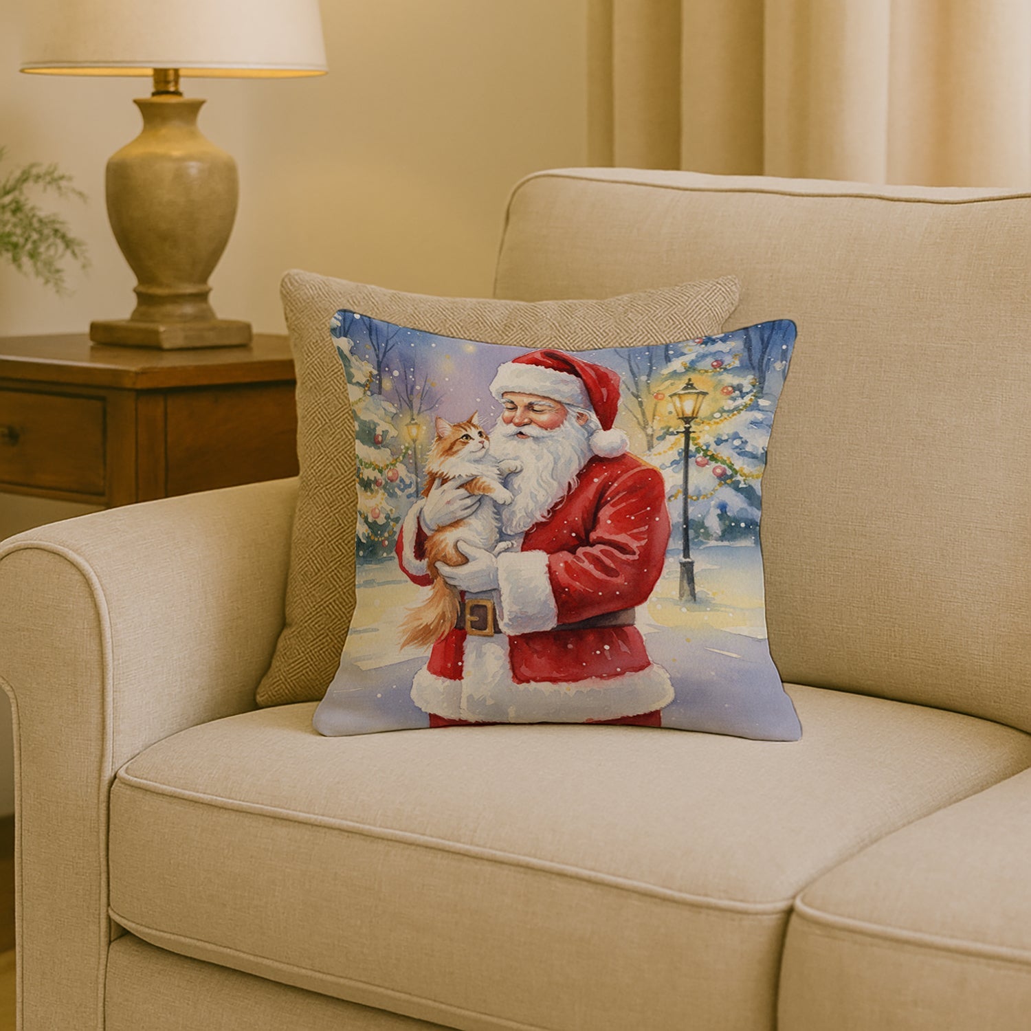 Asian Cat with Santa Claus Decorative Throw Pillow 18x18 Indoor Outdoor Accent Cushion, Fabric Cover with Insert for Sofa, Bed, Porch & Living Room