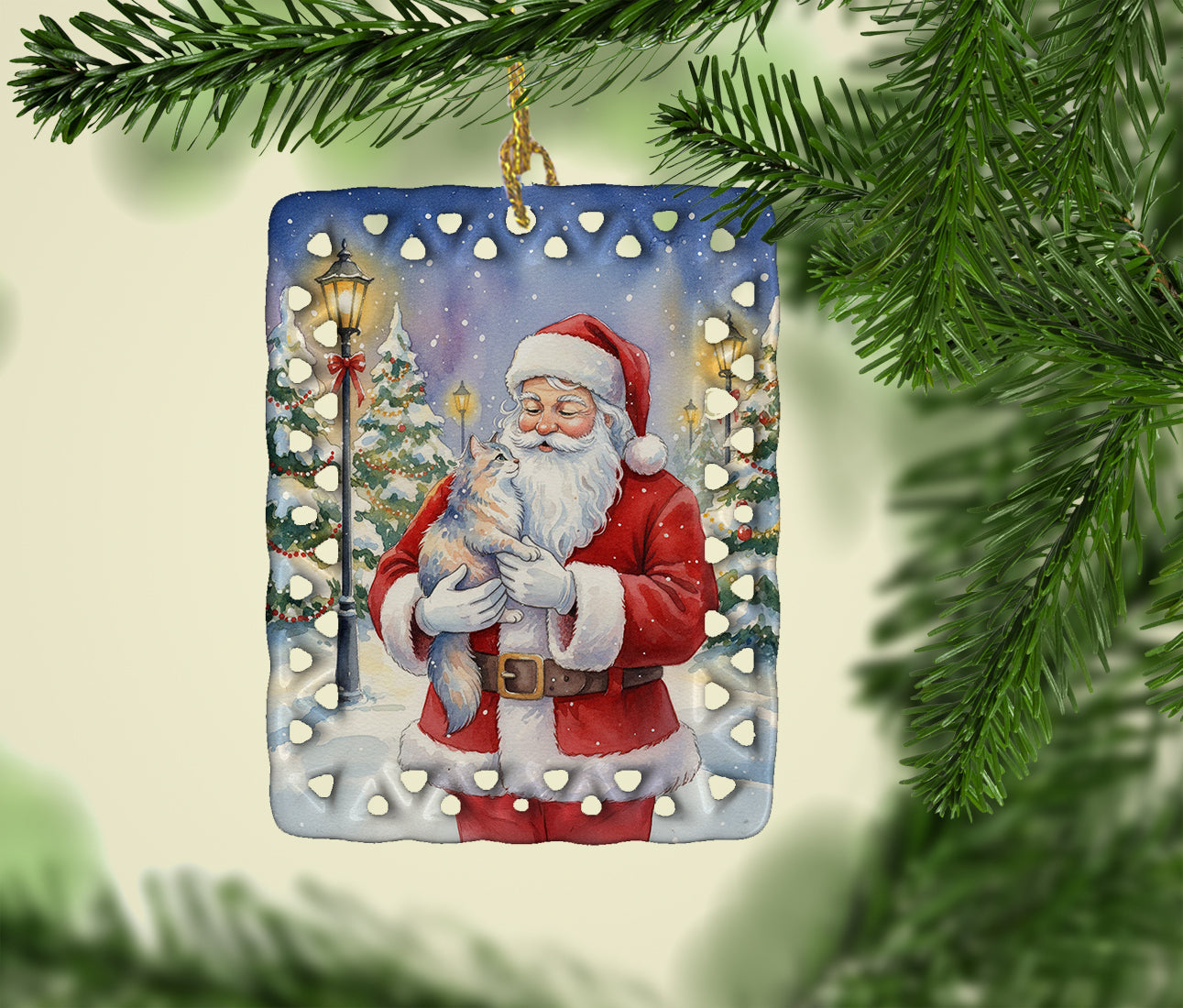 Australian Mist Cat with Santa Claus Porcelain Ornament Christmas Tree Hanging Decorations for Home Christmas Holiday, Rectangle, Gift, Multicolor