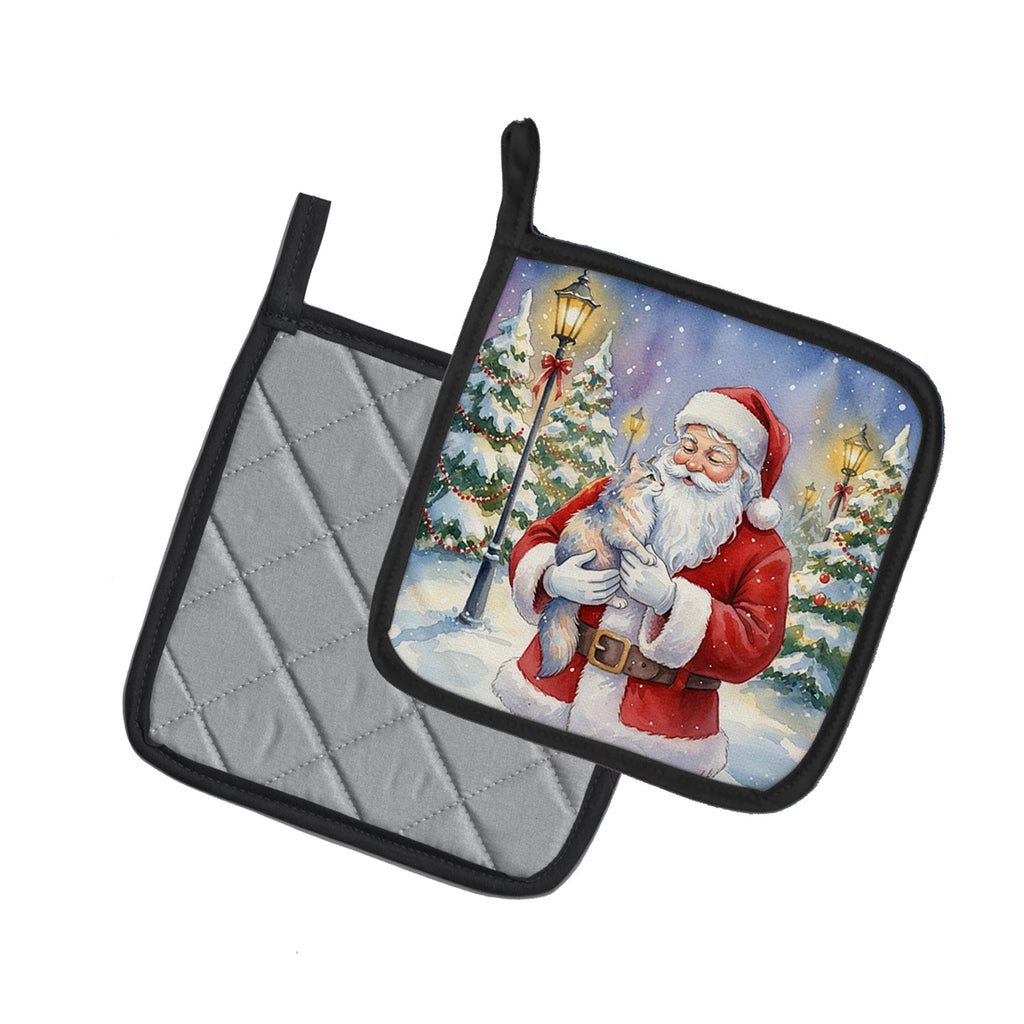 Australian Mist Cat with Santa Claus Pot Holder Set of 2 Heat Resistant Quilted Hot Pads 7.5 x 7.5 Inch, Insulated Kitchen Trivets for Cooking & Baking