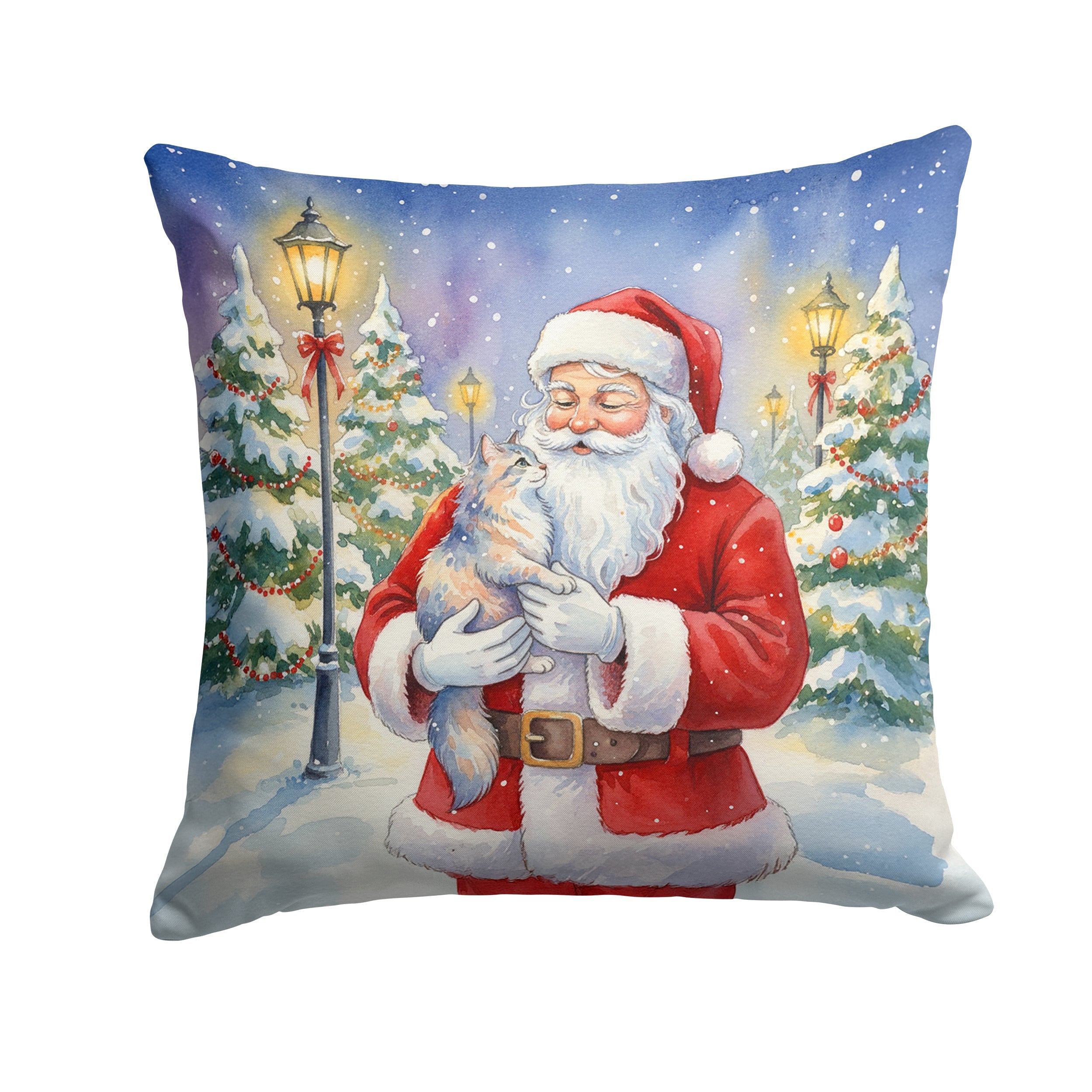 Australian Mist Cat with Santa Claus Decorative Throw Pillow 14x14 Indoor Outdoor Accent Cushion, Fabric Cover with Insert for Sofa, Bed, Porch & Living Room
