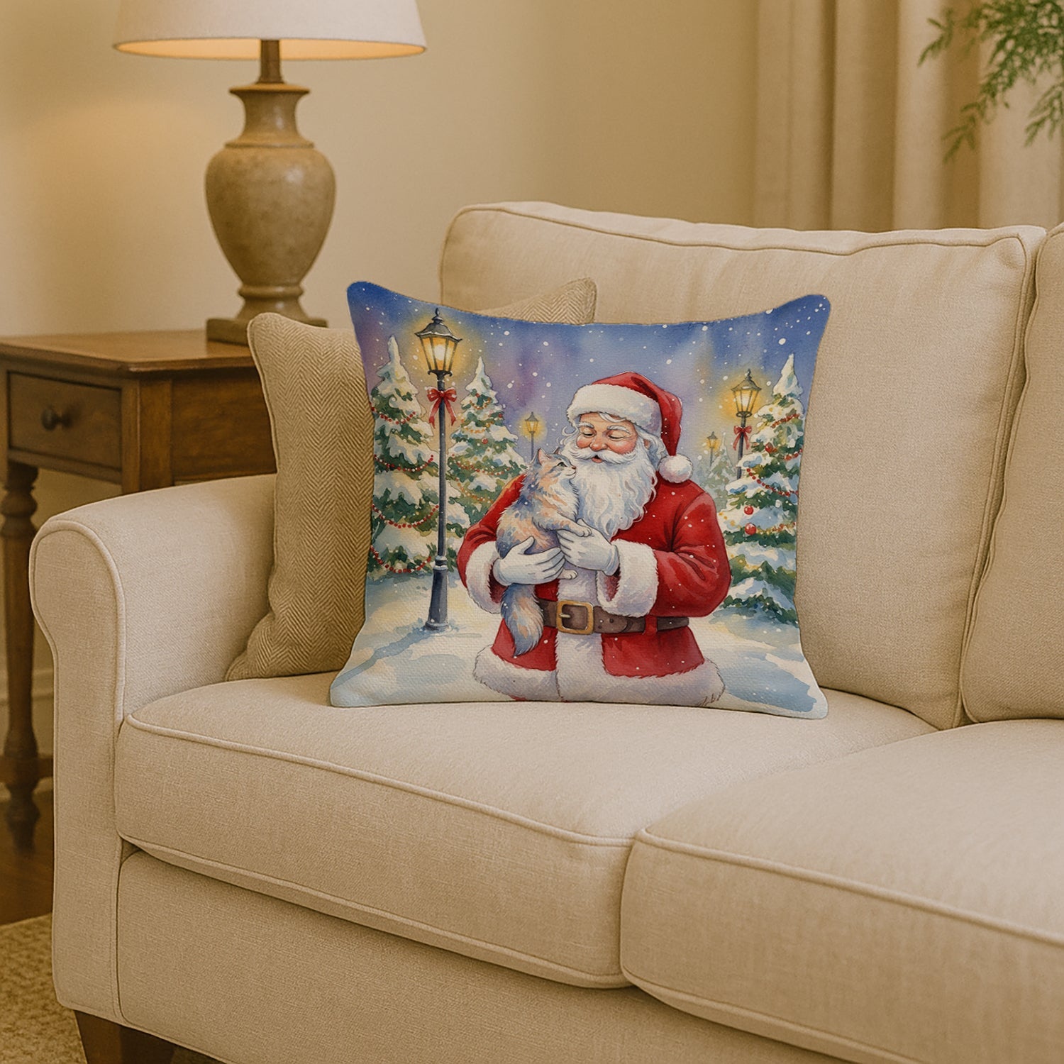 Australian Mist Cat with Santa Claus Decorative Throw Pillow 14x14 Indoor Outdoor Accent Cushion, Fabric Cover with Insert for Sofa, Bed, Porch & Living Room
