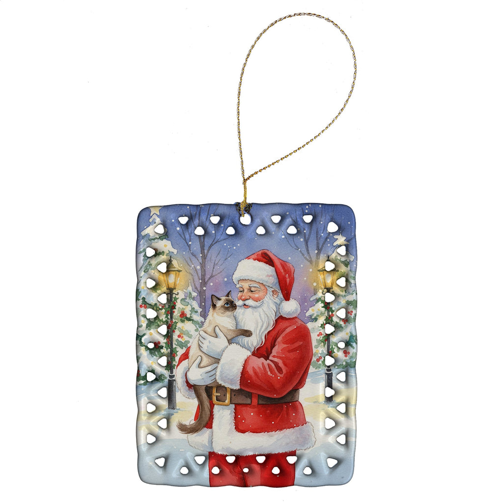 Balinese Cat with Santa Claus Porcelain Ornament Christmas Tree Hanging Decorations for Home Christmas Holiday, Rectangle, Gift, Multicolor