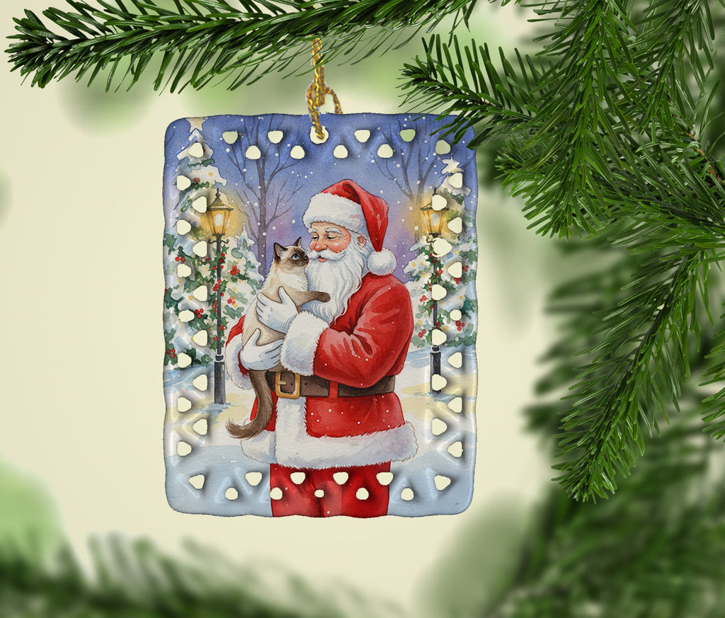 Balinese Cat with Santa Claus Porcelain Ornament Christmas Tree Hanging Decorations for Home Christmas Holiday, Rectangle, Gift, Multicolor