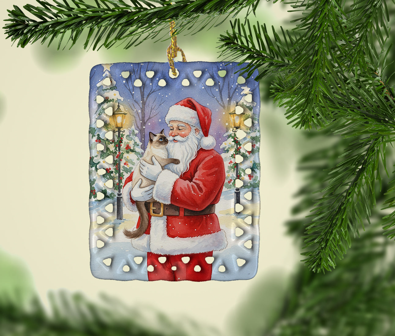 Balinese Cat with Santa Claus Porcelain Ornament Christmas Tree Hanging Decorations for Home Christmas Holiday, Rectangle, Gift, Multicolor
