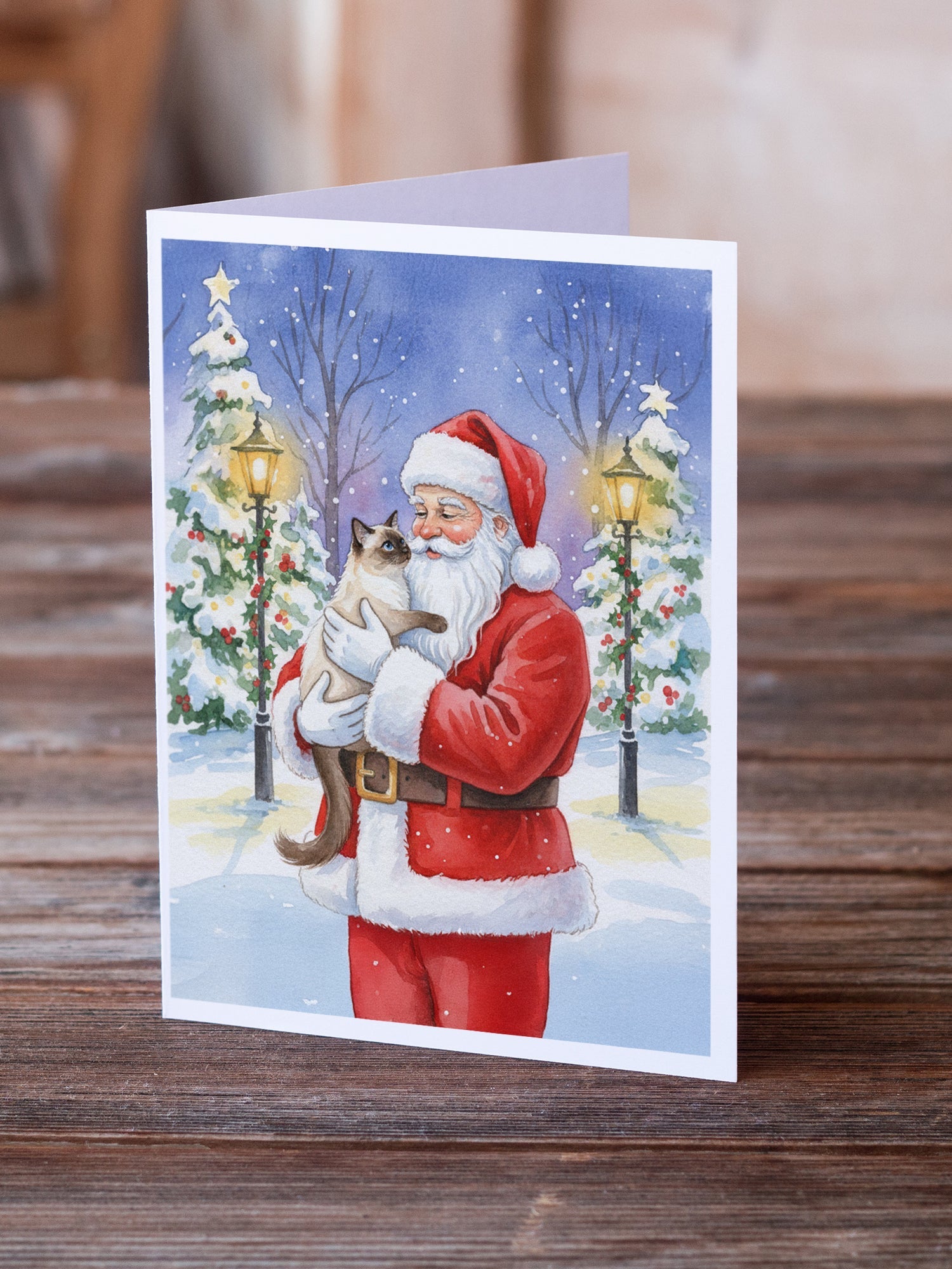 Balinese Cat with Santa Claus Greeting Cards Pack of 8 Blank Cards with Envelopes Whimsical A7 Size 5x7