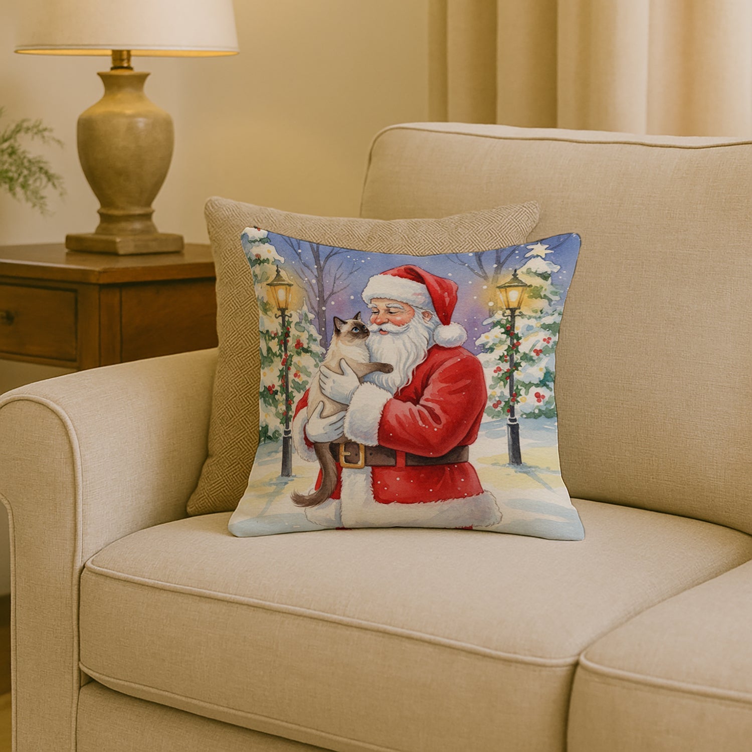 Balinese Cat with Santa Claus Decorative Throw Pillow 18x18 Indoor Outdoor Accent Cushion, Fabric Cover with Insert for Sofa, Bed, Porch & Living Room