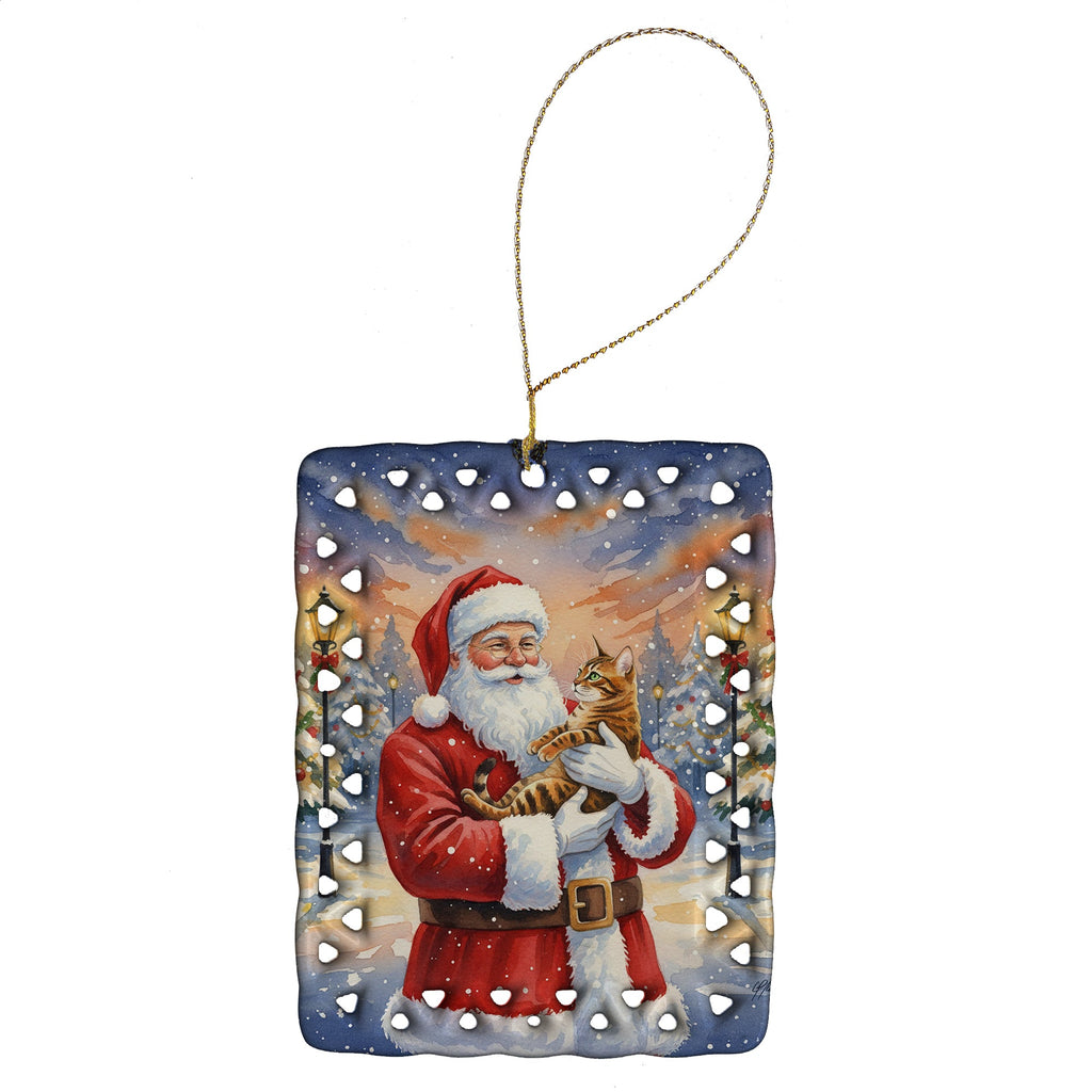 Bengal Cat with Santa Claus Porcelain Ornament Christmas Tree Hanging Decorations for Home Christmas Holiday, Rectangle, Gift, Multicolor