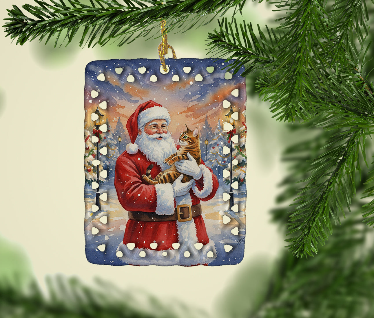 Bengal Cat with Santa Claus Porcelain Ornament Christmas Tree Hanging Decorations for Home Christmas Holiday, Rectangle, Gift, Multicolor