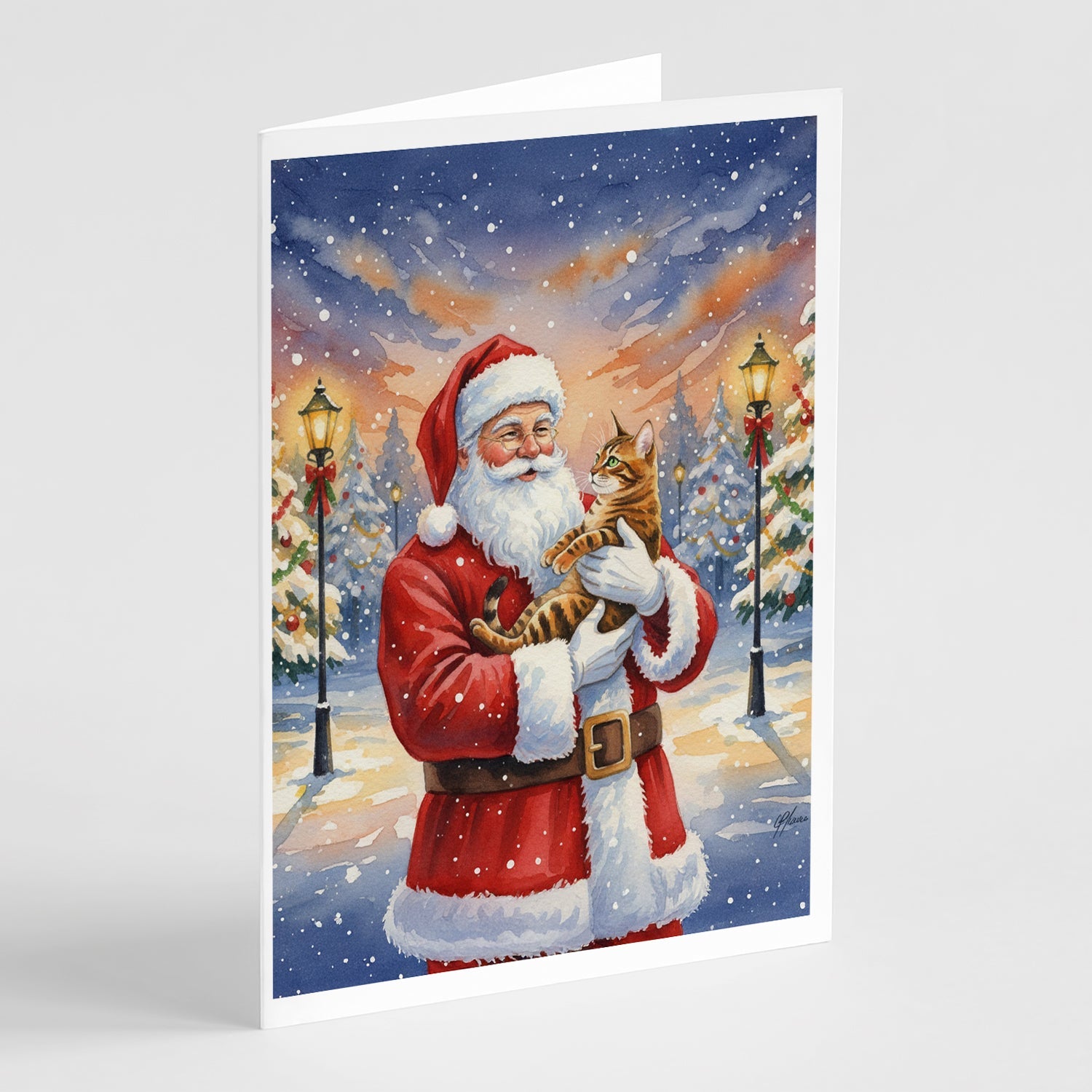 Bengal Cat with Santa Claus Greeting Cards Pack of 8 Blank Cards with Envelopes Whimsical A7 Size 5x7