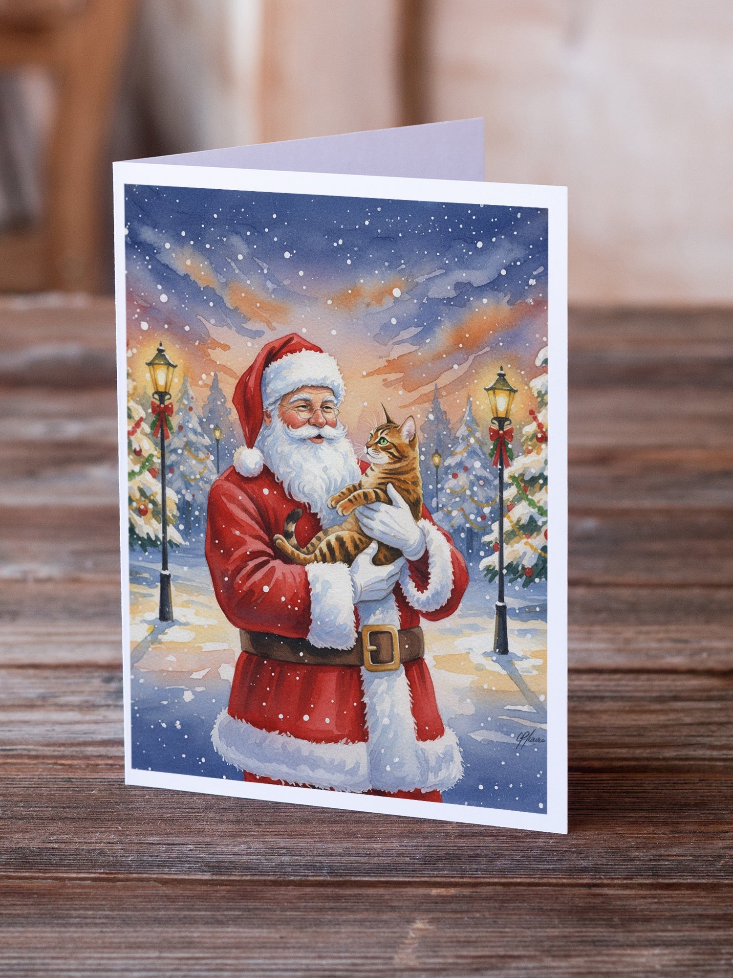 Bengal Cat with Santa Claus Greeting Cards Pack of 8 Blank Cards with Envelopes Whimsical A7 Size 5x7
