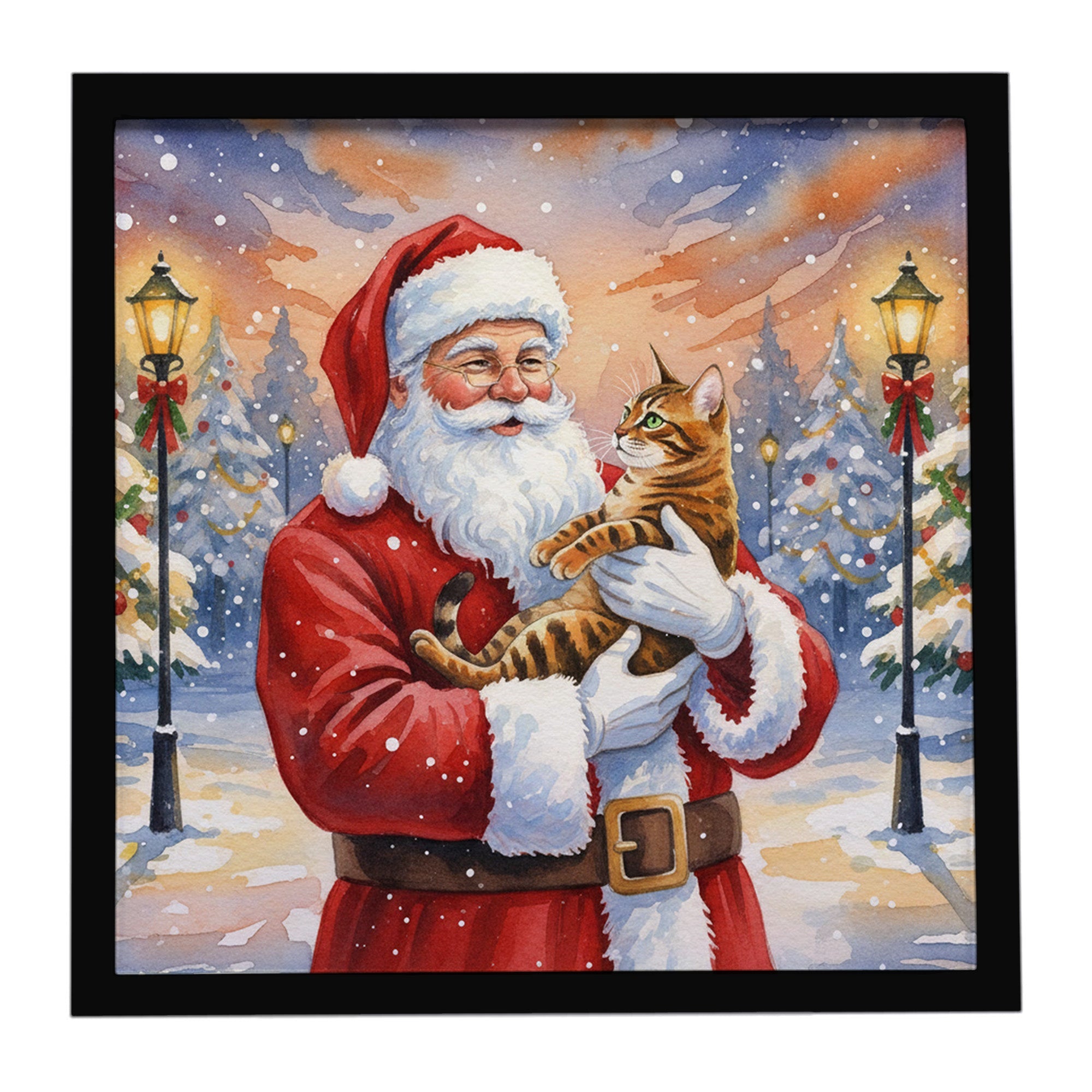 Bengal Cat with Santa Claus Framed Metal Print Bathroom, Kitchen, Office, Home Decor Wall Art Ready to Hang, Square, 8X8