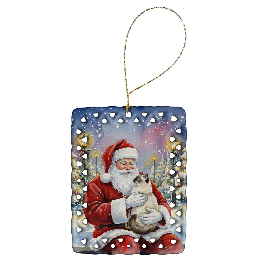 Birman Cat with Santa Claus Porcelain Ornament Christmas Tree Hanging Decorations for Home Christmas Holiday, Rectangle, Gift, Multicolor