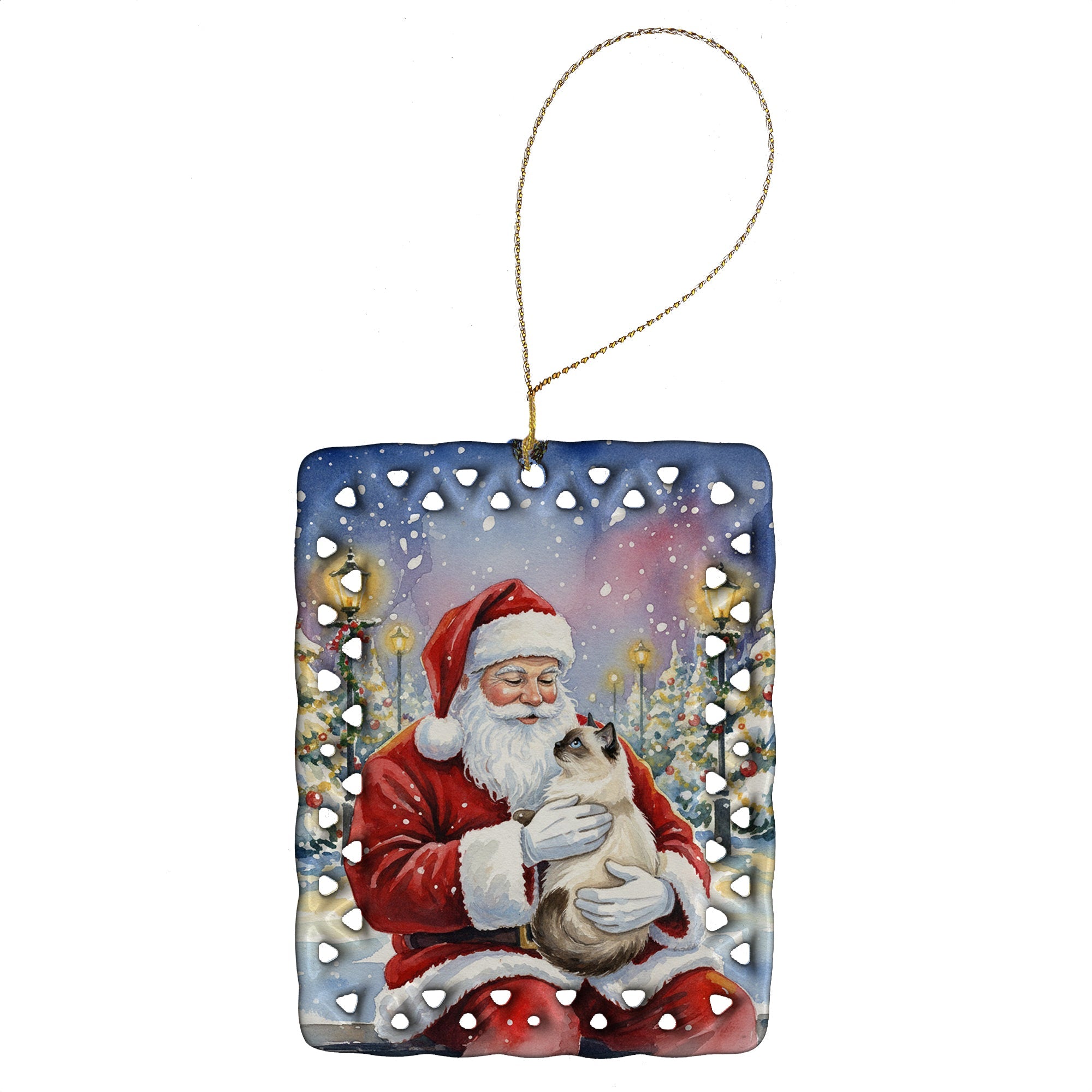 Birman Cat with Santa Claus Porcelain Ornament Christmas Tree Hanging Decorations for Home Christmas Holiday, Rectangle, Gift, Multicolor
