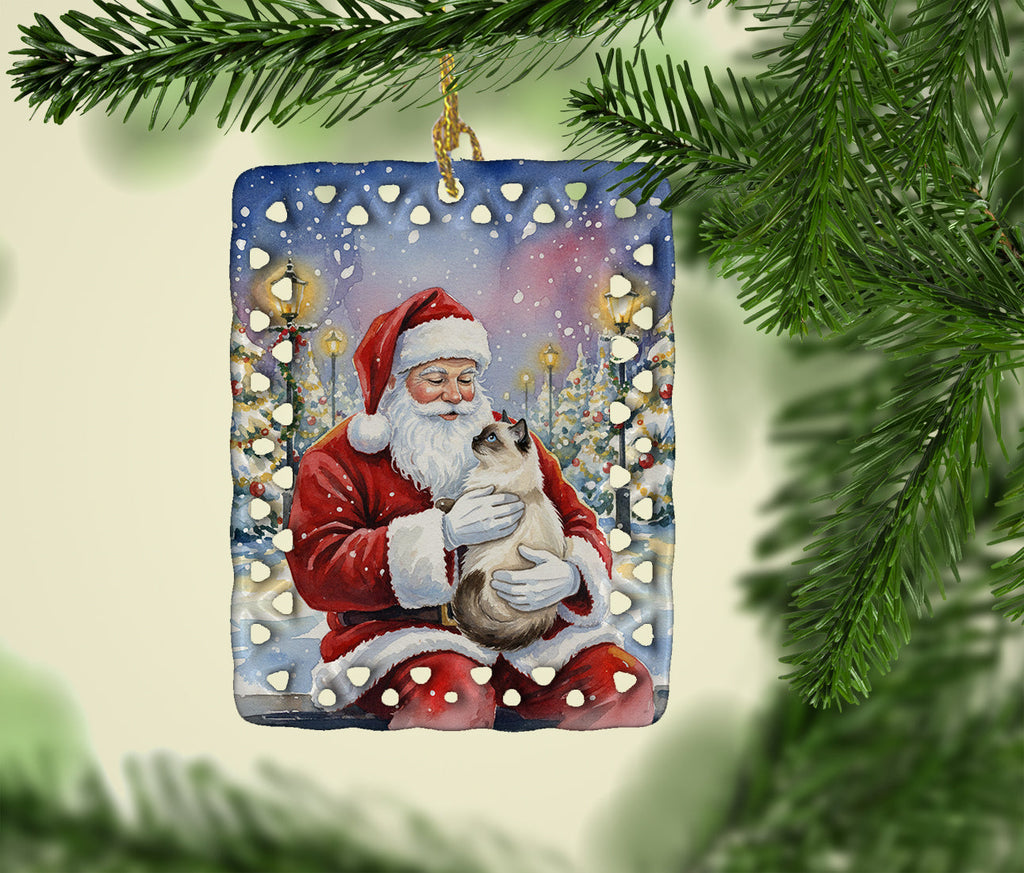 Birman Cat with Santa Claus Porcelain Ornament Christmas Tree Hanging Decorations for Home Christmas Holiday, Rectangle, Gift, Multicolor