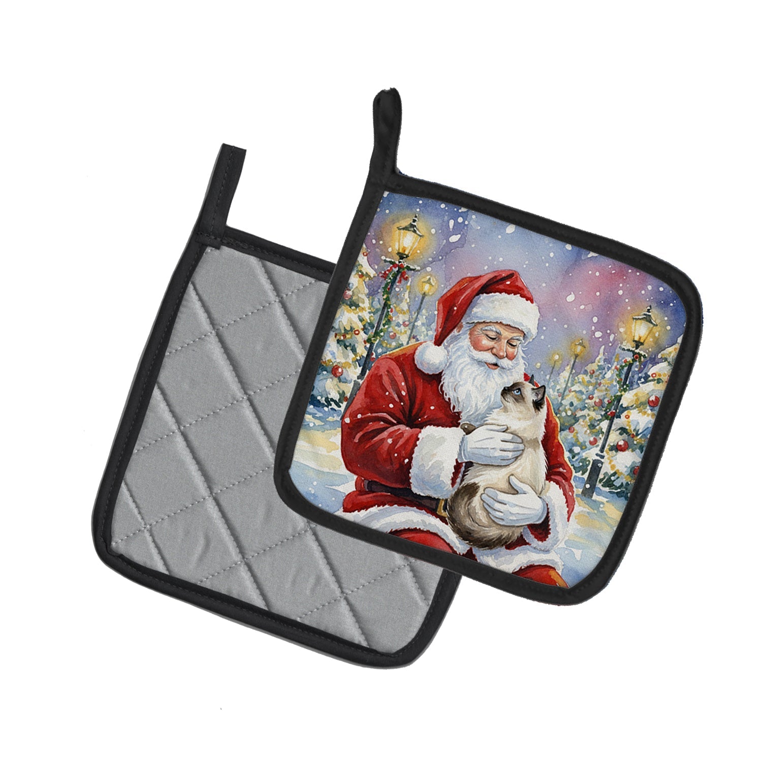 Birman Cat with Santa Claus Pot Holder Set of 2 Heat Resistant Quilted Hot Pads 7.5 x 7.5 Inch, Insulated Kitchen Trivets for Cooking & Baking