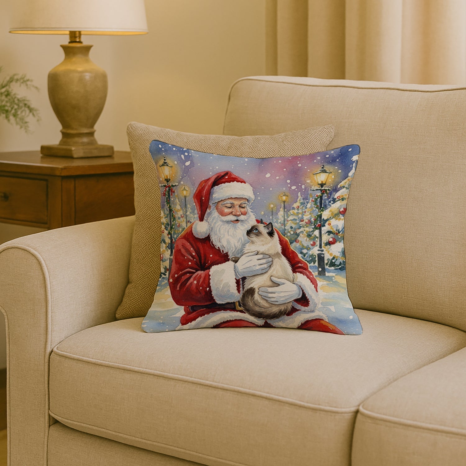 Birman Cat with Santa Claus Decorative Throw Pillow 18x18 Indoor Outdoor Accent Cushion, Fabric Cover with Insert for Sofa, Bed, Porch & Living Room