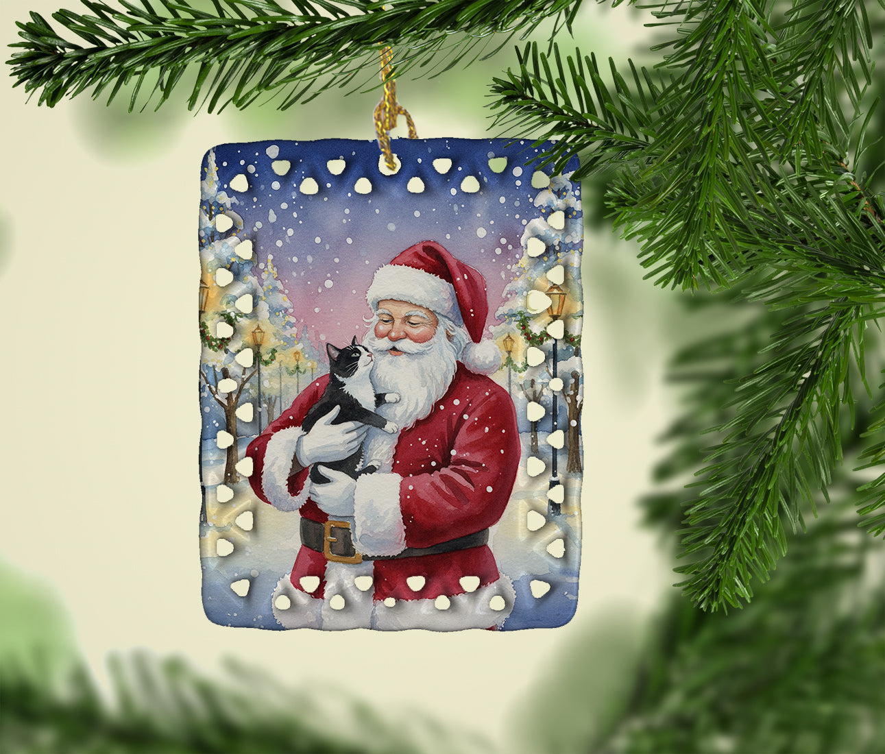 Black & White Tuxedo Cat with Santa Claus Porcelain Ornament Christmas Tree Hanging Decorations for Home Christmas Holiday, Rectangle, Gift, Multicolor