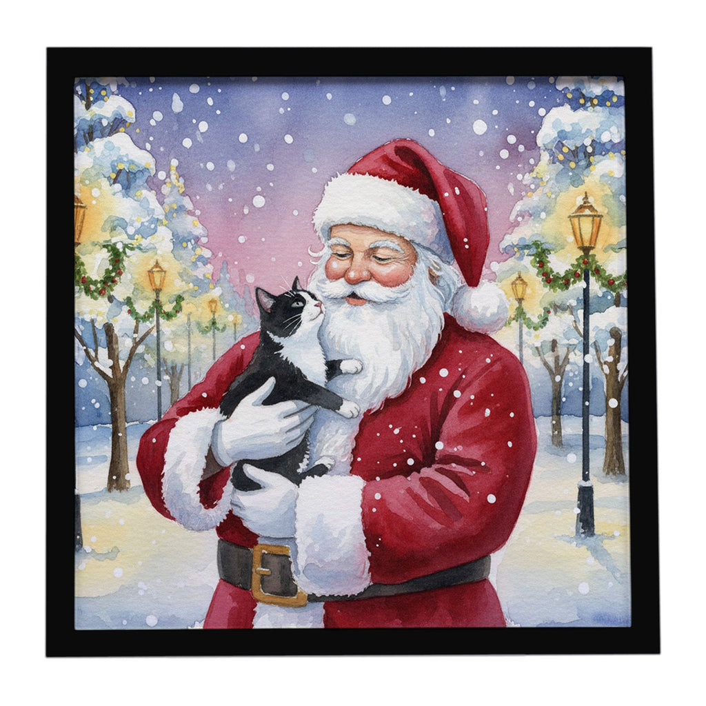 Black & White Tuxedo Cat with Santa Claus Framed Metal Print Bathroom, Kitchen, Office, Home Decor Wall Art Ready to Hang, Square, 8X8
