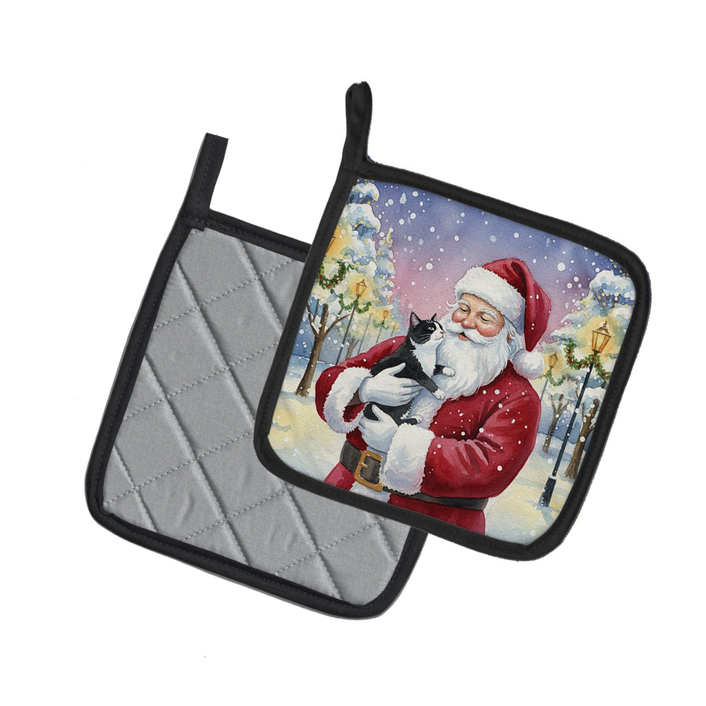 Black & White Tuxedo Cat with Santa Claus Pot Holder Set of 2 Heat Resistant Quilted Hot Pads 7.5 x 7.5 Inch, Insulated Kitchen Trivets for Cooking & Baking
