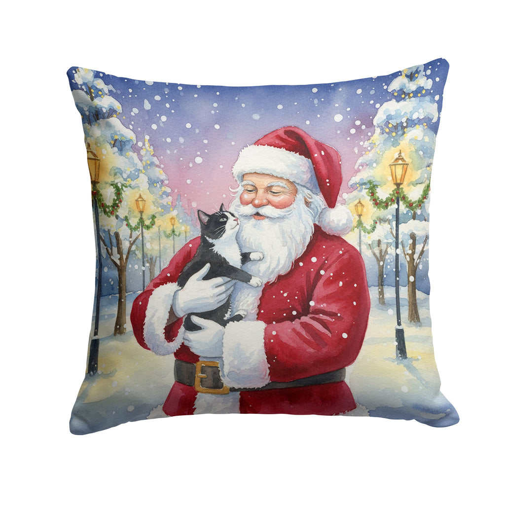 Black & White Tuxedo Cat with Santa Claus Decorative Throw Pillow 18x18 Indoor Outdoor Accent Cushion, Fabric Cover with Insert for Sofa, Bed, Porch & Living Room