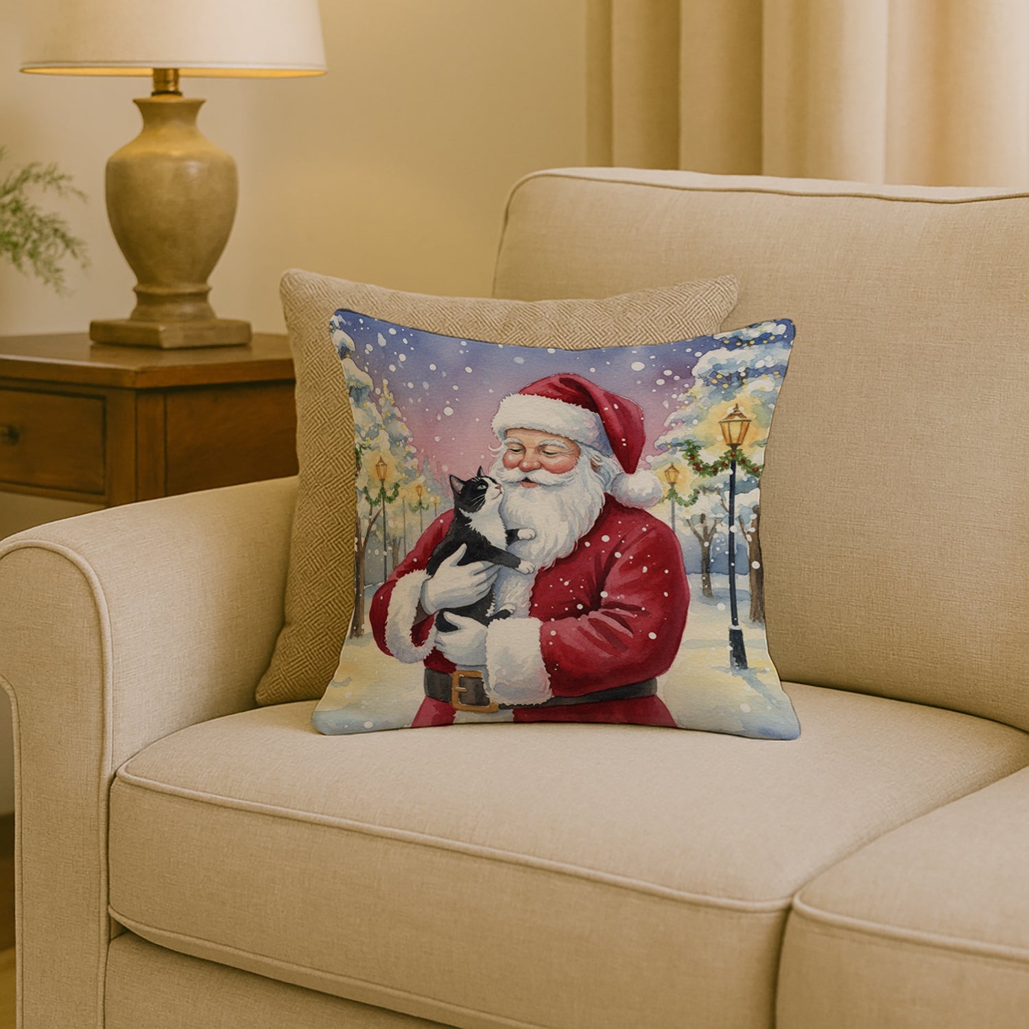 Black & White Tuxedo Cat with Santa Claus Decorative Throw Pillow 18x18 Indoor Outdoor Accent Cushion, Fabric Cover with Insert for Sofa, Bed, Porch & Living Room