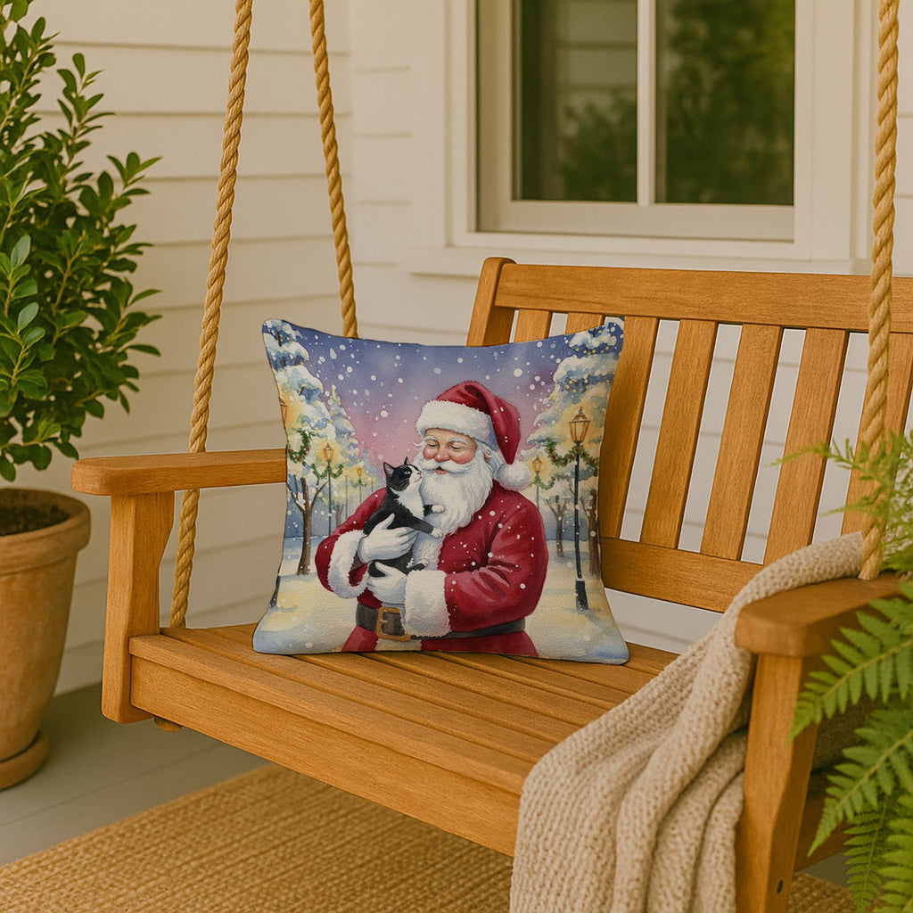 Black & White Tuxedo Cat with Santa Claus Decorative Throw Pillow 18x18 Indoor Outdoor Accent Cushion, Fabric Cover with Insert for Sofa, Bed, Porch & Living Room