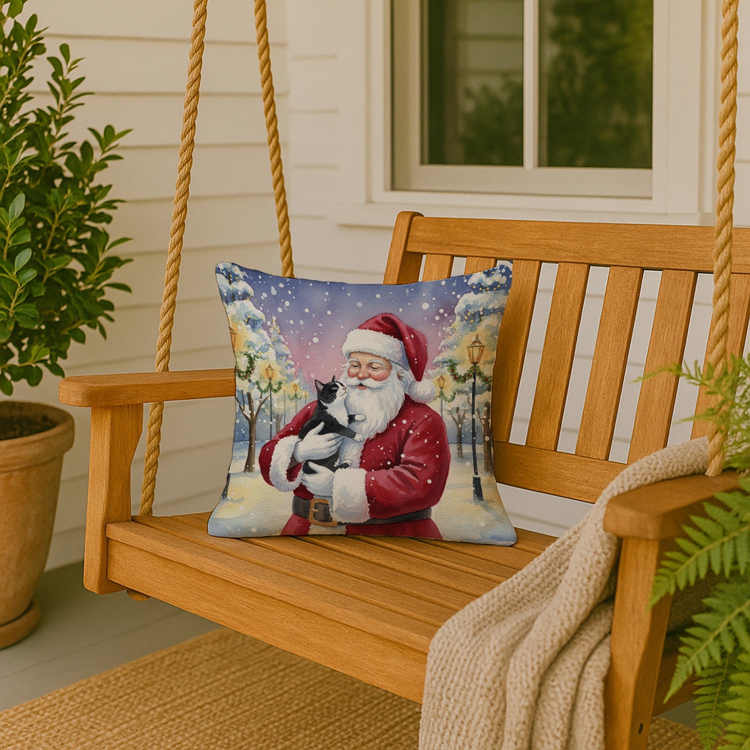 Black & White Tuxedo Cat with Santa Claus Decorative Throw Pillow 18x18 Indoor Outdoor Accent Cushion, Fabric Cover with Insert for Sofa, Bed, Porch & Living Room