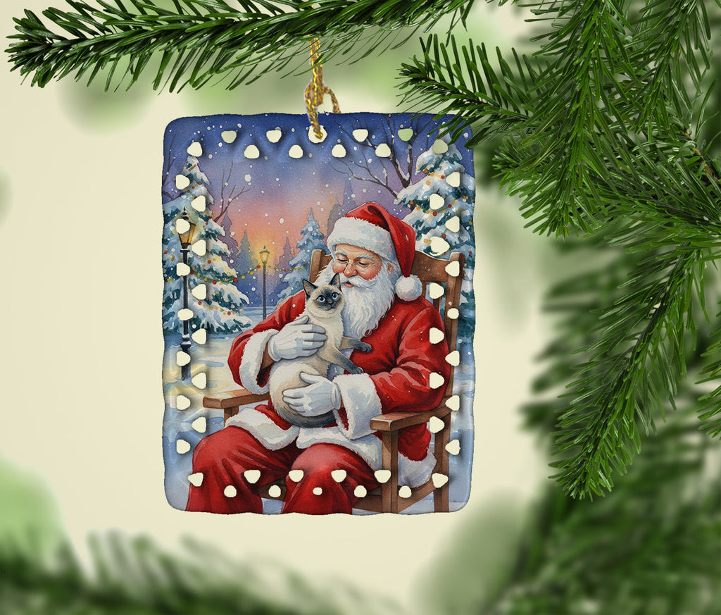 Blue Point Cat with Santa Claus Porcelain Ornament Christmas Tree Hanging Decorations for Home Christmas Holiday, Rectangle, Gift, Multicolor