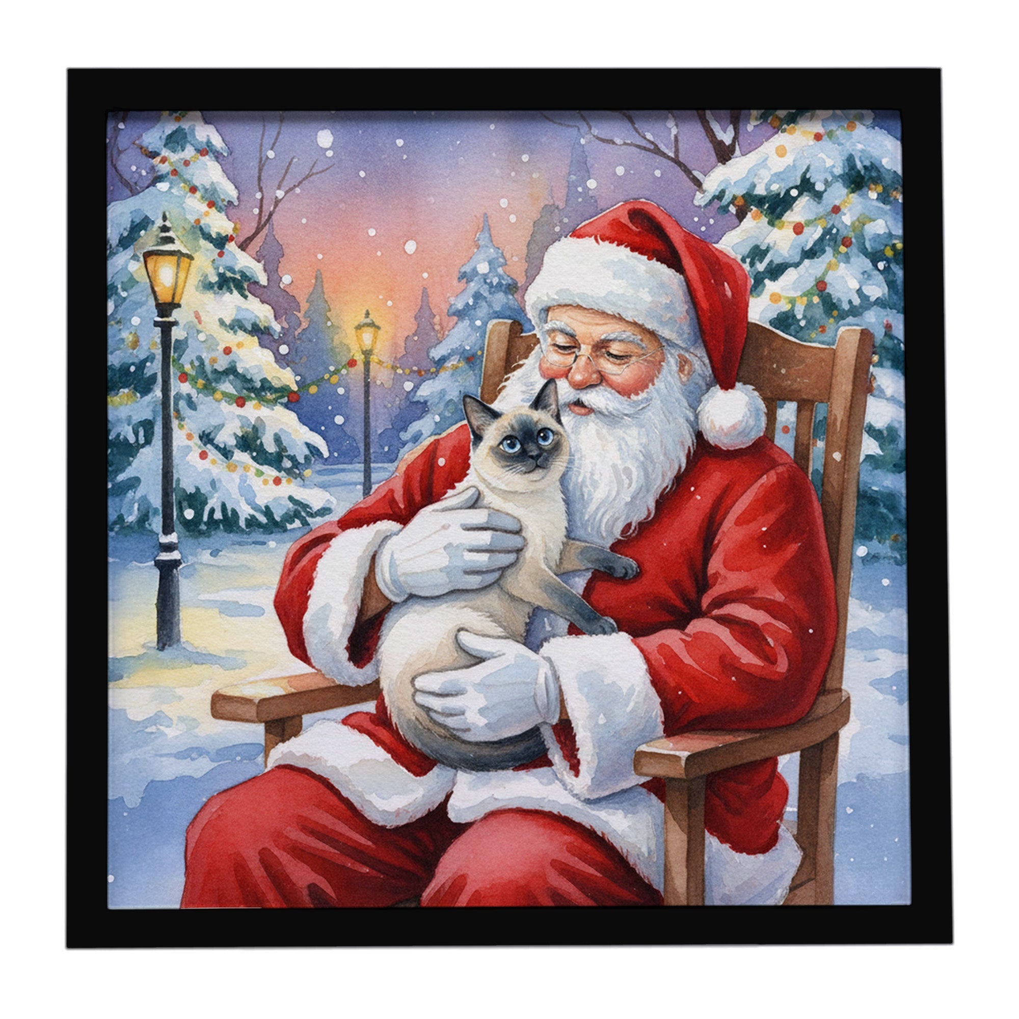 Blue Point Cat with Santa Claus Framed Metal Print Bathroom, Kitchen, Office, Home Decor Wall Art Ready to Hang, Square, 8X8