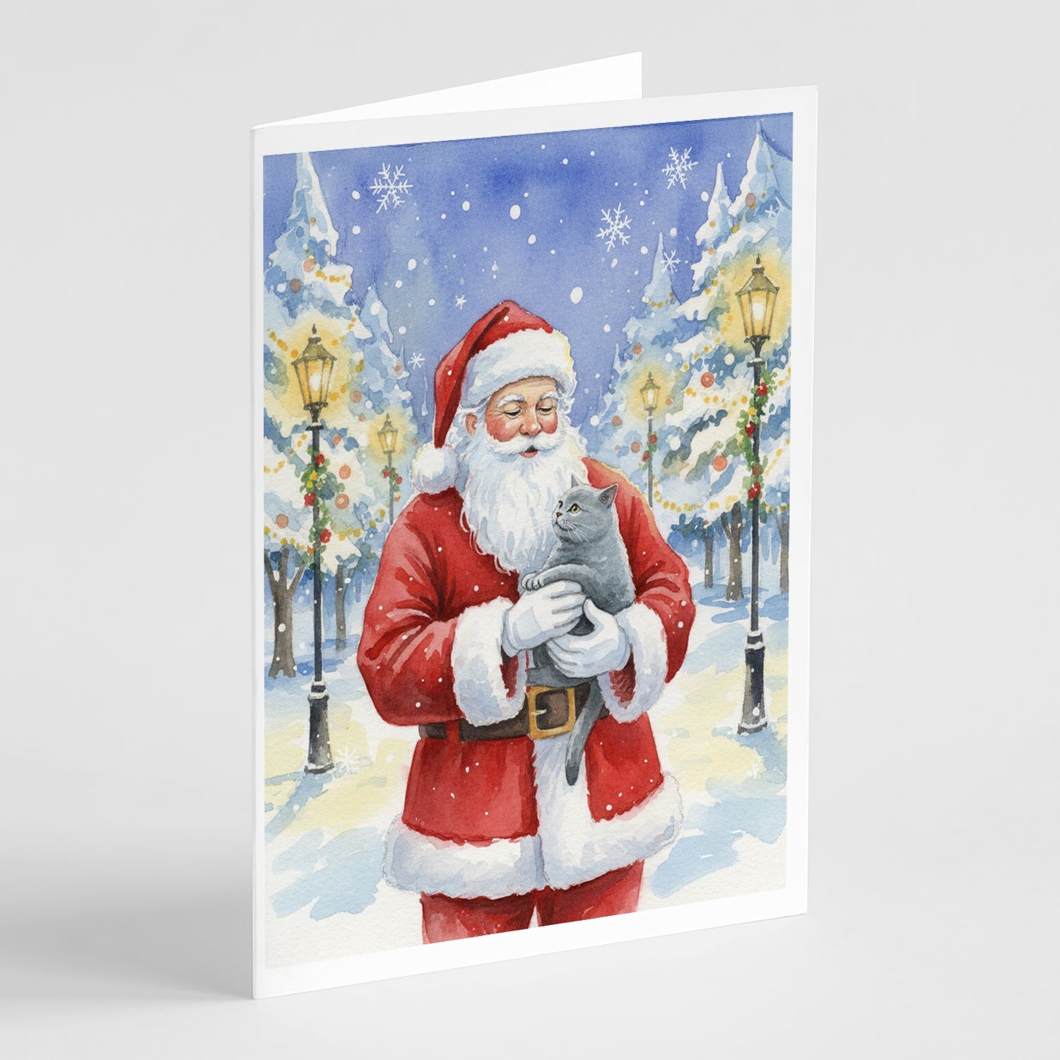 British Shorthair Cat with Santa Claus Greeting Cards Pack of 8 Blank Cards with Envelopes Whimsical A7 Size 5x7