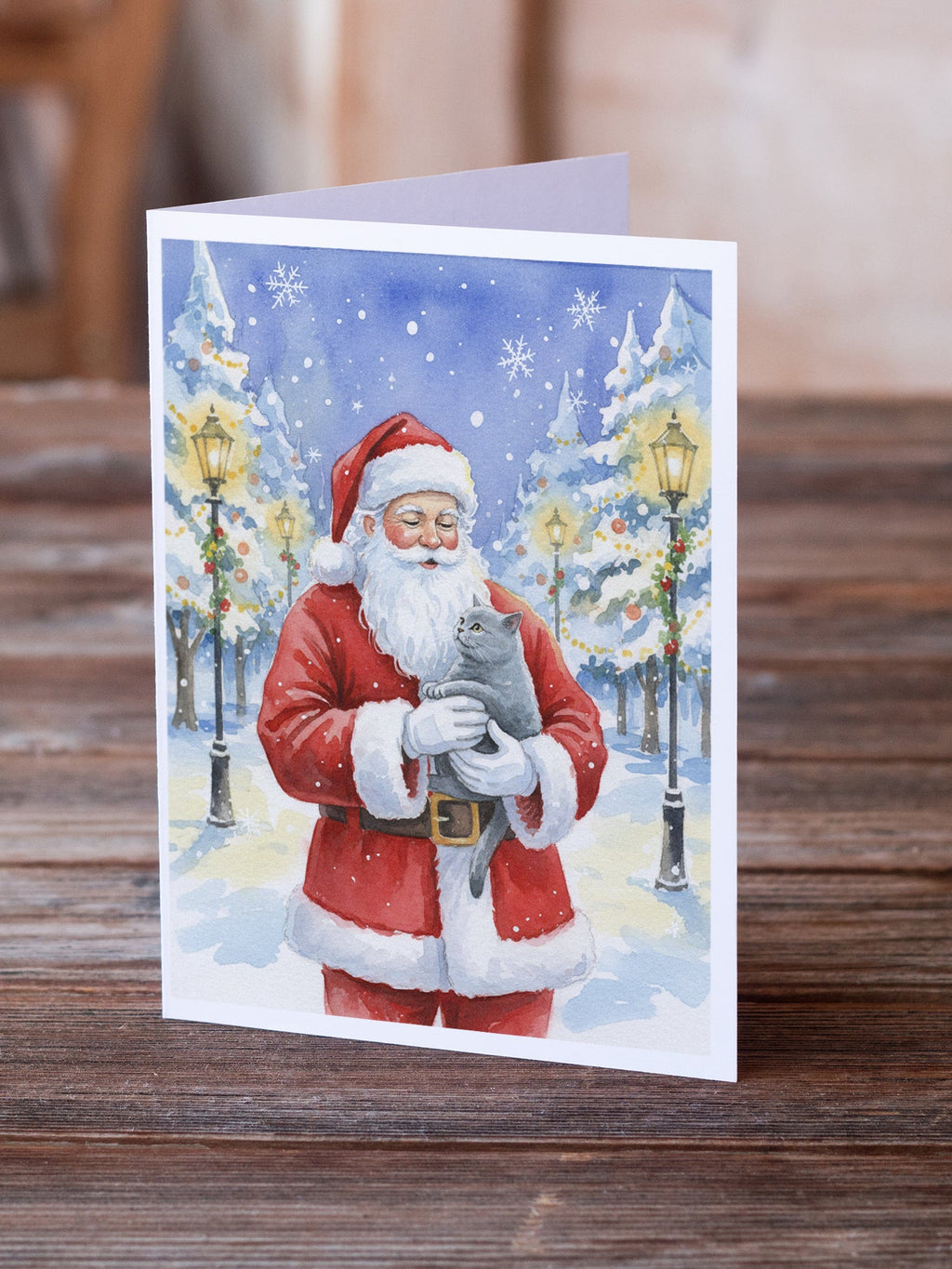 British Shorthair Cat with Santa Claus Greeting Cards Pack of 8 Blank Cards with Envelopes Whimsical A7 Size 5x7