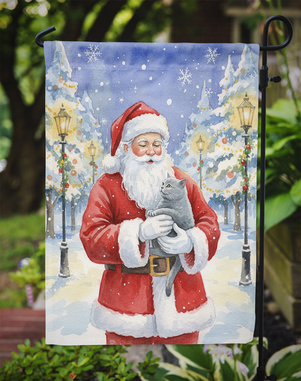 British Shorthair Cat with Santa Claus Garden Flag Mailbox Decorative Yard Banner Outside Patio Artwork for Flower Beds, Garden Size, Multicolor