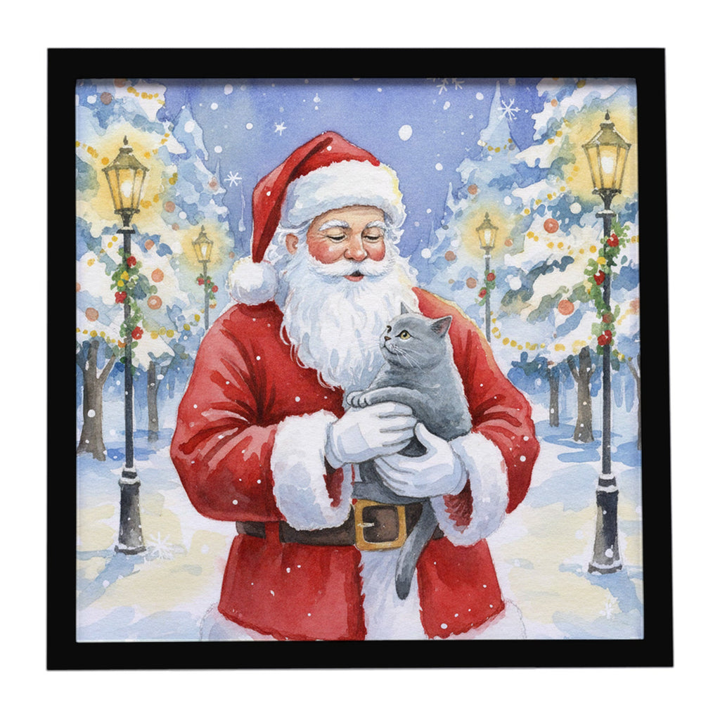 British Shorthair Cat with Santa Claus Framed Metal Print Bathroom, Kitchen, Office, Home Decor Wall Art Ready to Hang, Square, 8X8