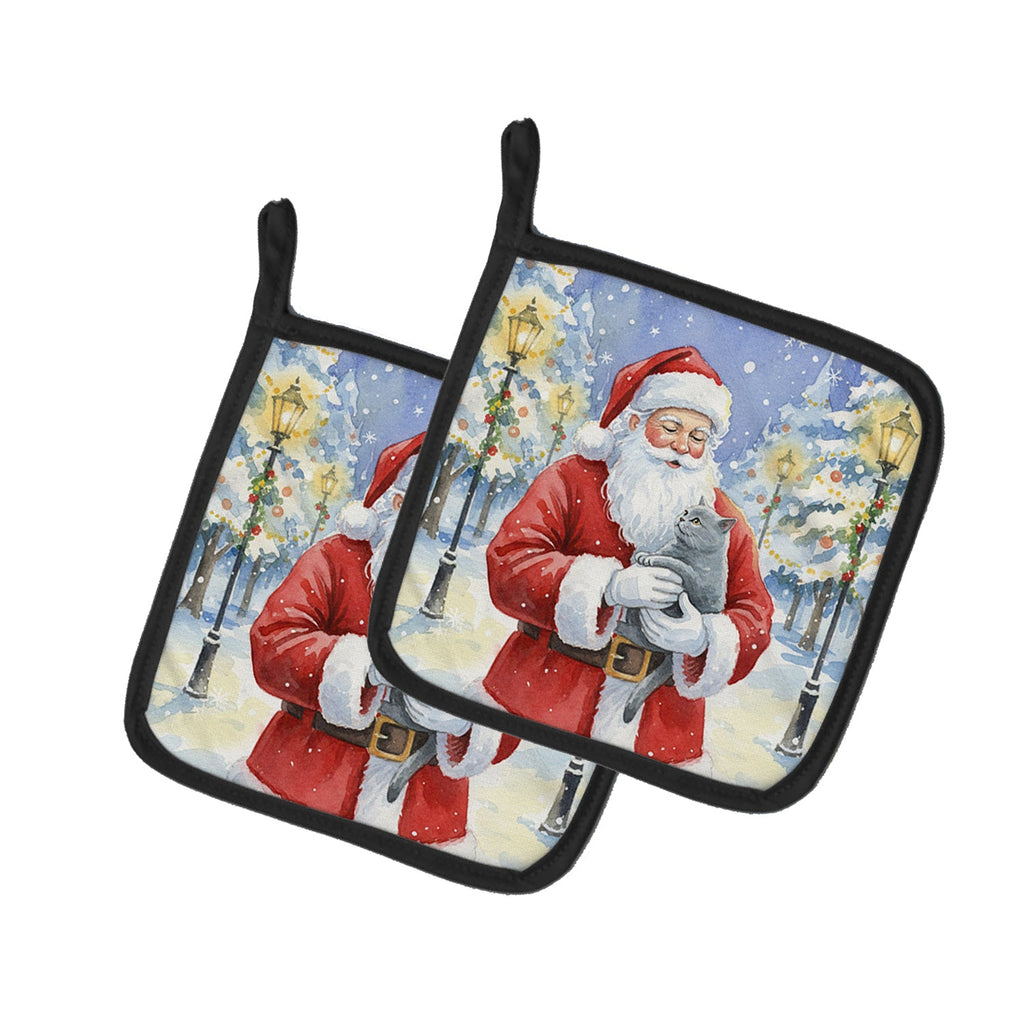 British Shorthair Cat with Santa Claus Pot Holder Set of 2 Heat Resistant Quilted Hot Pads 7.5 x 7.5 Inch, Insulated Kitchen Trivets for Cooking & Baking