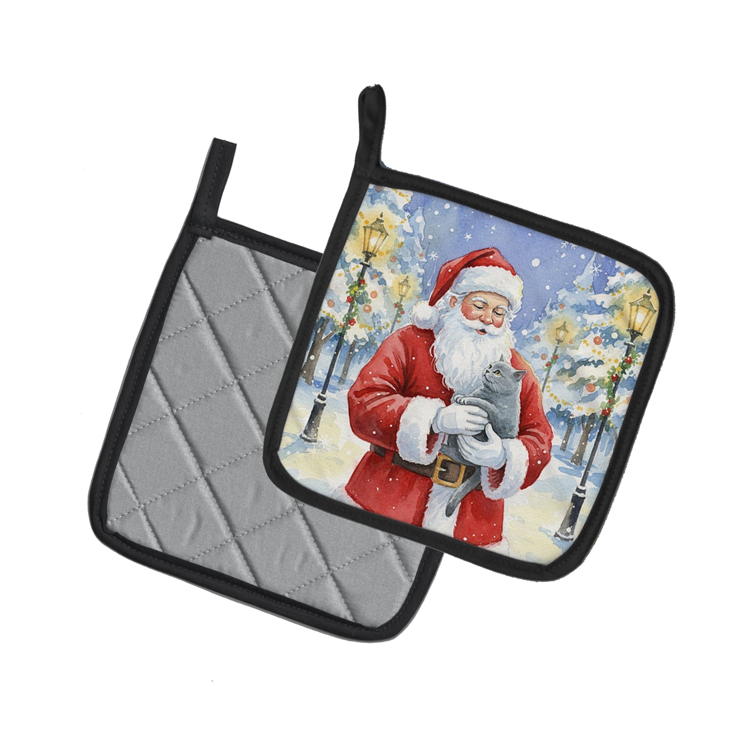 British Shorthair Cat with Santa Claus Pot Holder Set of 2 Heat Resistant Quilted Hot Pads 7.5 x 7.5 Inch, Insulated Kitchen Trivets for Cooking & Baking