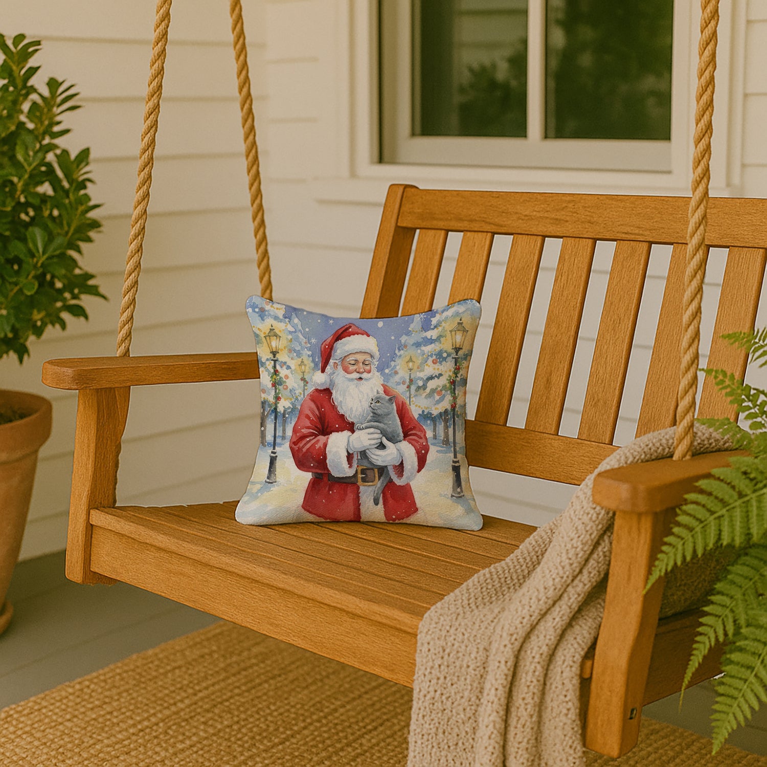 British Shorthair Cat with Santa Claus Decorative Throw Pillow 14x14 Indoor Outdoor Accent Cushion, Fabric Cover with Insert for Sofa, Bed, Porch & Living Room