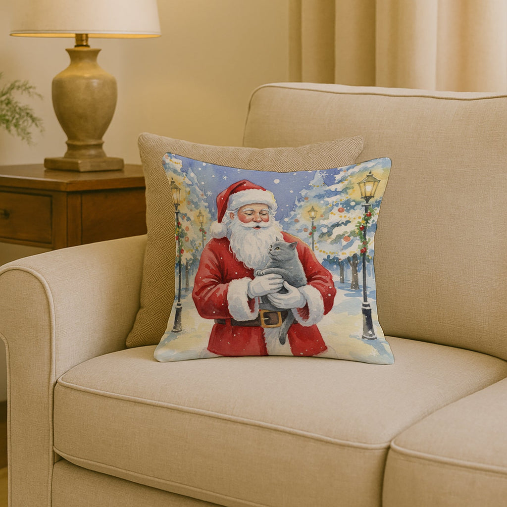 British Shorthair Cat with Santa Claus Decorative Throw Pillow 18x18 Indoor Outdoor Accent Cushion, Fabric Cover with Insert for Sofa, Bed, Porch & Living Room
