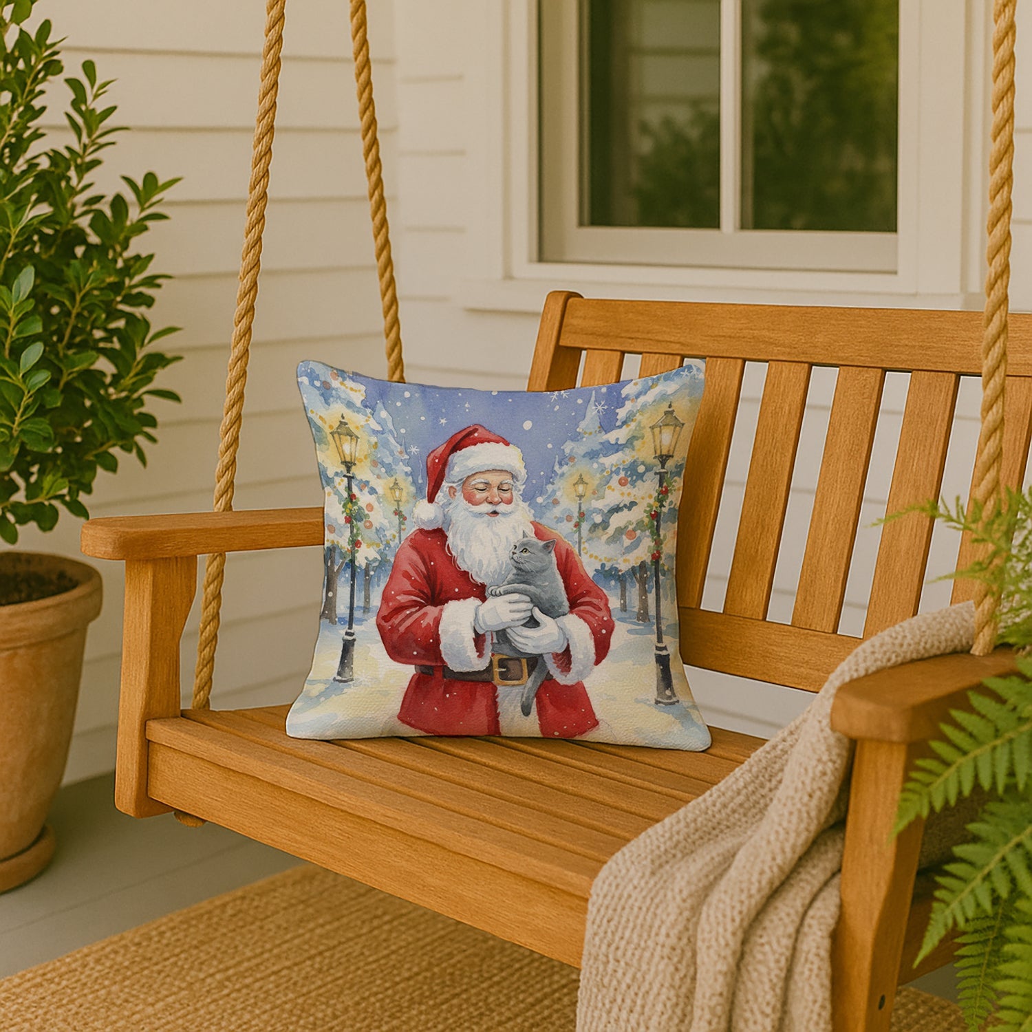 British Shorthair Cat with Santa Claus Decorative Throw Pillow 18x18 Indoor Outdoor Accent Cushion, Fabric Cover with Insert for Sofa, Bed, Porch & Living Room