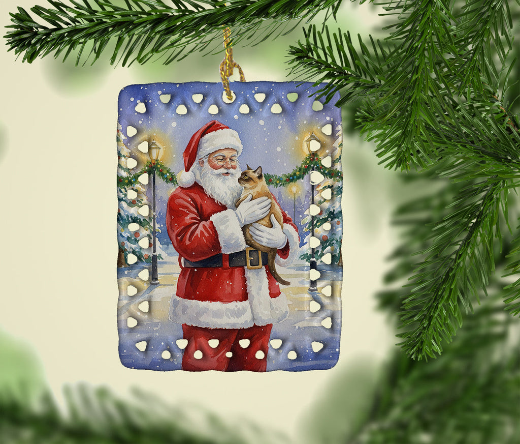 Burmese Cat with Santa Claus Porcelain Ornament Christmas Tree Hanging Decorations for Home Christmas Holiday, Rectangle, Gift, Multicolor