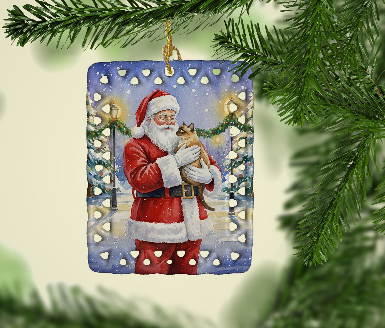 Burmese Cat with Santa Claus Porcelain Ornament Christmas Tree Hanging Decorations for Home Christmas Holiday, Rectangle, Gift, Multicolor