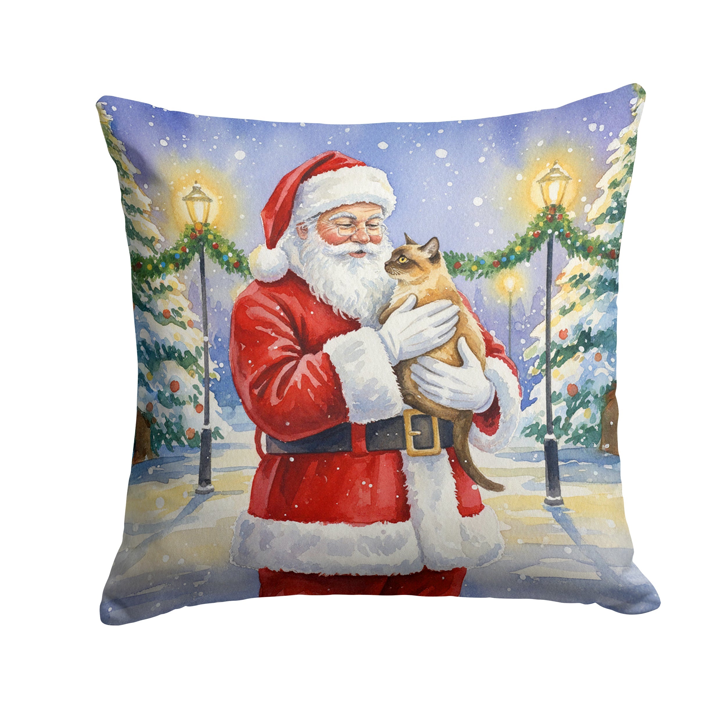 Burmese Cat with Santa Claus Decorative Throw Pillow 14x14 Indoor Outdoor Accent Cushion, Fabric Cover with Insert for Sofa, Bed, Porch & Living Room