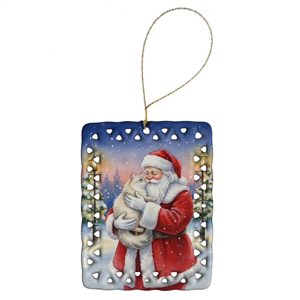 Burmilla Cat with Santa Claus Porcelain Ornament Christmas Tree Hanging Decorations for Home Christmas Holiday, Rectangle, Gift, Multicolor